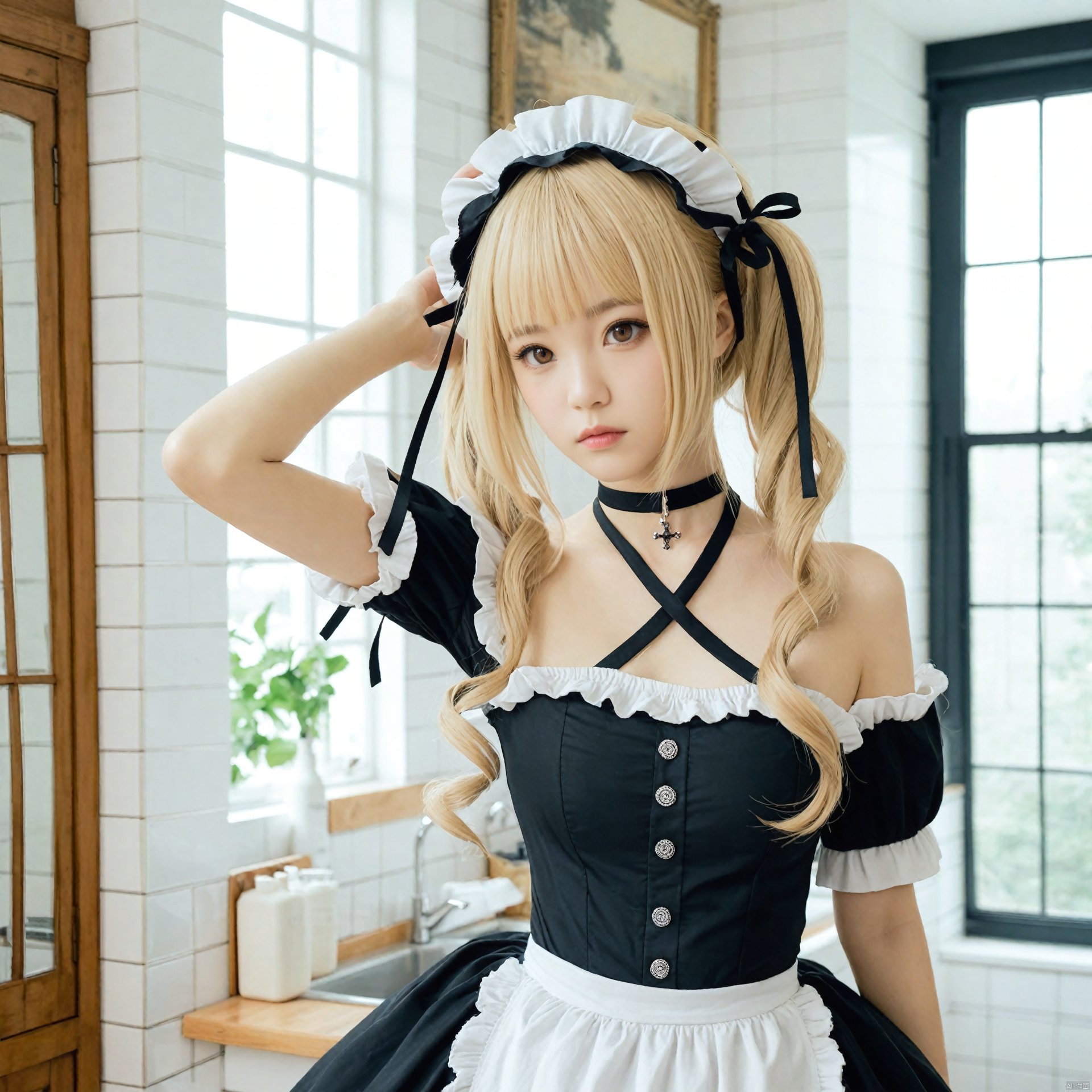  masterpiece,Realism,best quality,loli,1girl,solo,blonde hair,realistic,indoors,drill hair,kitchen,frills,hair ornament,black dress,dress,bare shoulders,x hair ornament,apron,blurry,hairband,sink,looking at viewer,detached sleeves,maid headdress,maid,halterneck,lolita hairband,hairclip,twintails,blunt bangs,brown eyes,gothic lolita,twin drills,ribbon,black ribbon,window,marie rose,photorealistic,bathroom,choker,lolita fashion,blurry background,arm up,collarbone,hair ribbon,lips,white apron,closed mouth,scrunchie,long hair,tiles,upper body,frilled dress,criss-cross halter,frilled sleeves,tile wall,frilled hairband,short sleeves,depth of field,nail polish,medium hair,