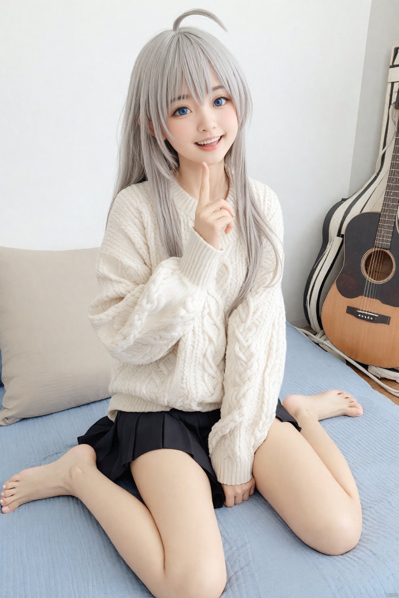  masterpiece,Realism,best quality,loli,1girl, solo, elaina (majo no tabitabi), long hair, ahoge, barefoot, sitting, sweater, blue eyes, smile, looking at viewer, open mouth, long sleeves, wariza, aran sweater, cable knit, white sweater, grey hair, toes, index finger raised, feet, artist name, bare legs, legs, skirt, teeth, upper teeth only, black skirt, sleeves past wrists, between legs, hand between legs,