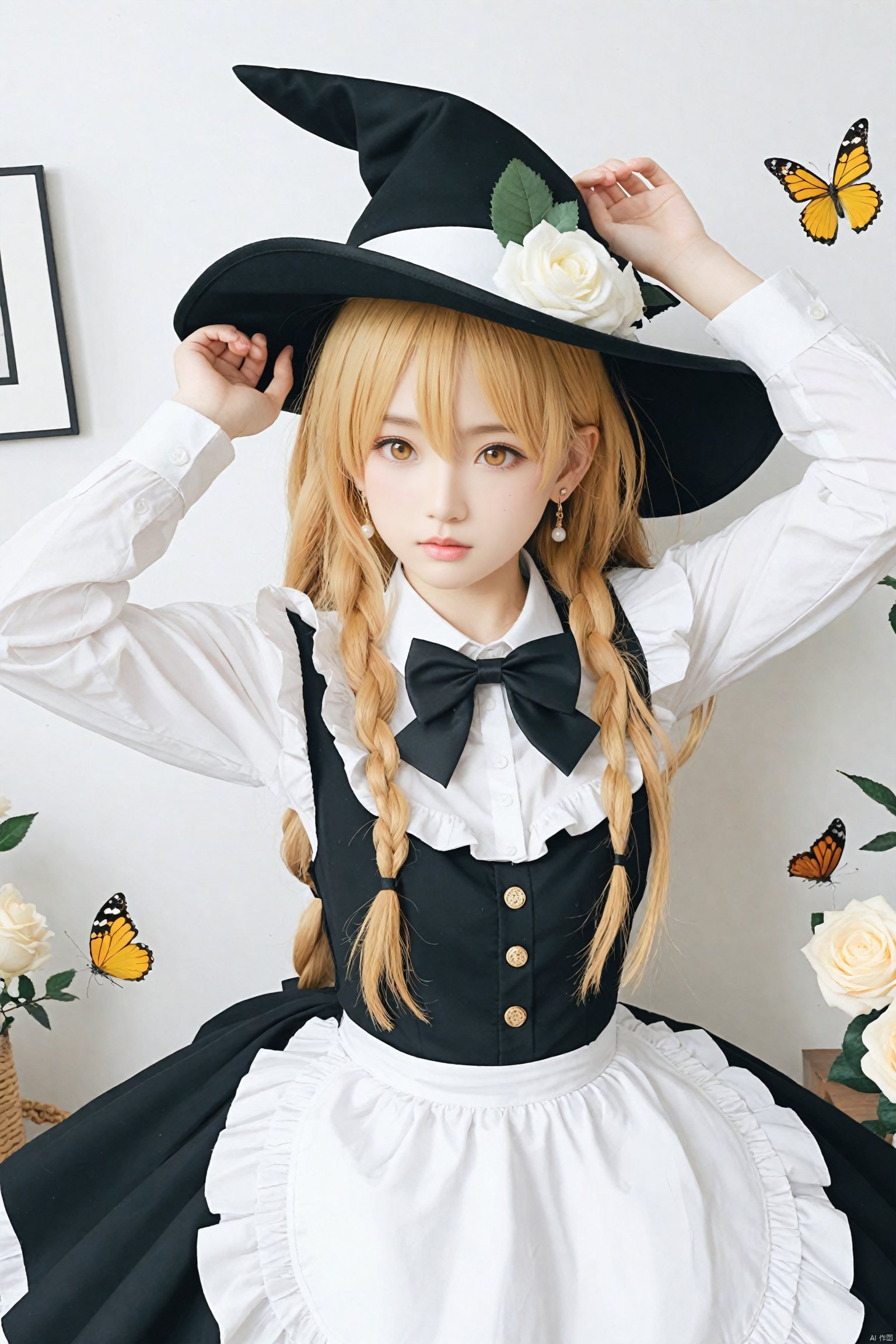  masterpiece,Realism,best quality,loli,1girl, hat, kirisame marisa, blonde hair, solo, yellow eyes, bug, witch hat, butterfly, long hair, braid, bow, flower, apron, black headwear, single braid, long sleeves, earrings, hair ornament, jewelry, white bow, hair flower, shirt, white shirt, closed mouth, hair between eyes, black bow, waist apron, white apron, hat bow, black skirt, white flower, blush, bowtie, skirt, black bowtie, looking at viewer, hair bow, rose, black vest, vest, frills, signature, buttons, hand on headwear, upper body, frilled apron, white rose, arms up, cowboy shot, yellow butterfly, arm up, hands up, artist name, side braid, ribbon