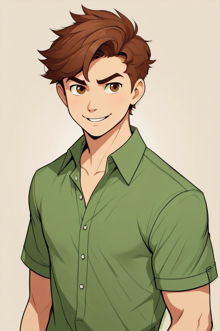 solo, looking at viewer, smile, short hair, simple background, brown hair, shirt, 1boy, brown eyes, closed mouth, collarbone, upper body, short sleeves, male focus, collared shirt, green shirt,best quality,Bruno aventurero 