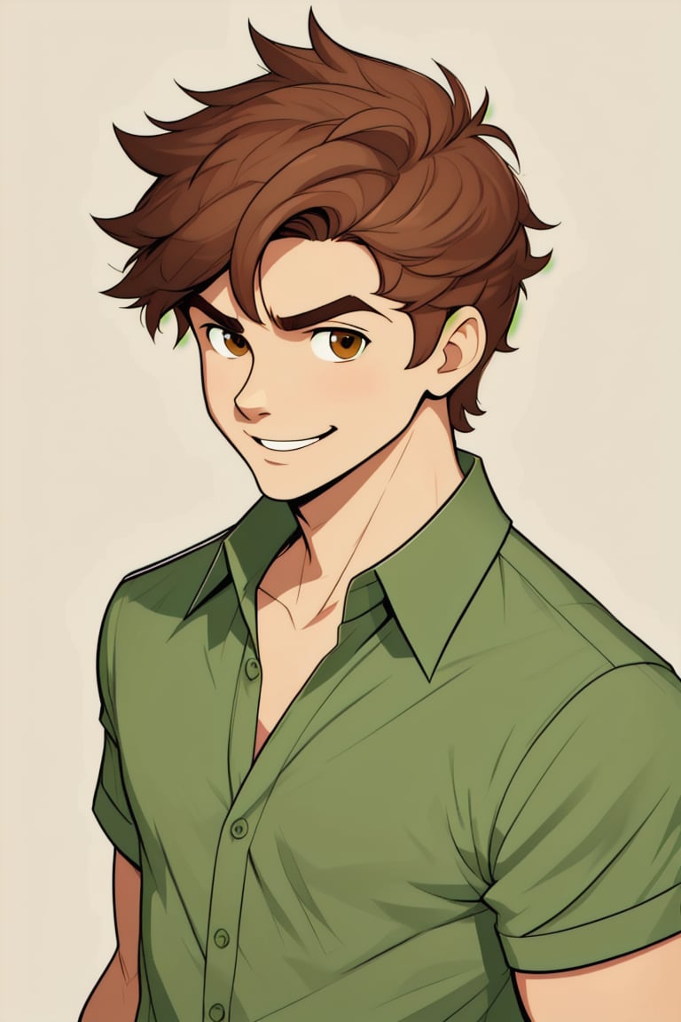 solo, looking at viewer, smile, short hair, simple background, brown hair, shirt, 1boy, brown eyes, closed mouth, collarbone, upper body, short sleeves, male focus, collared shirt, green shirt,best quality,Bruno aventurero 