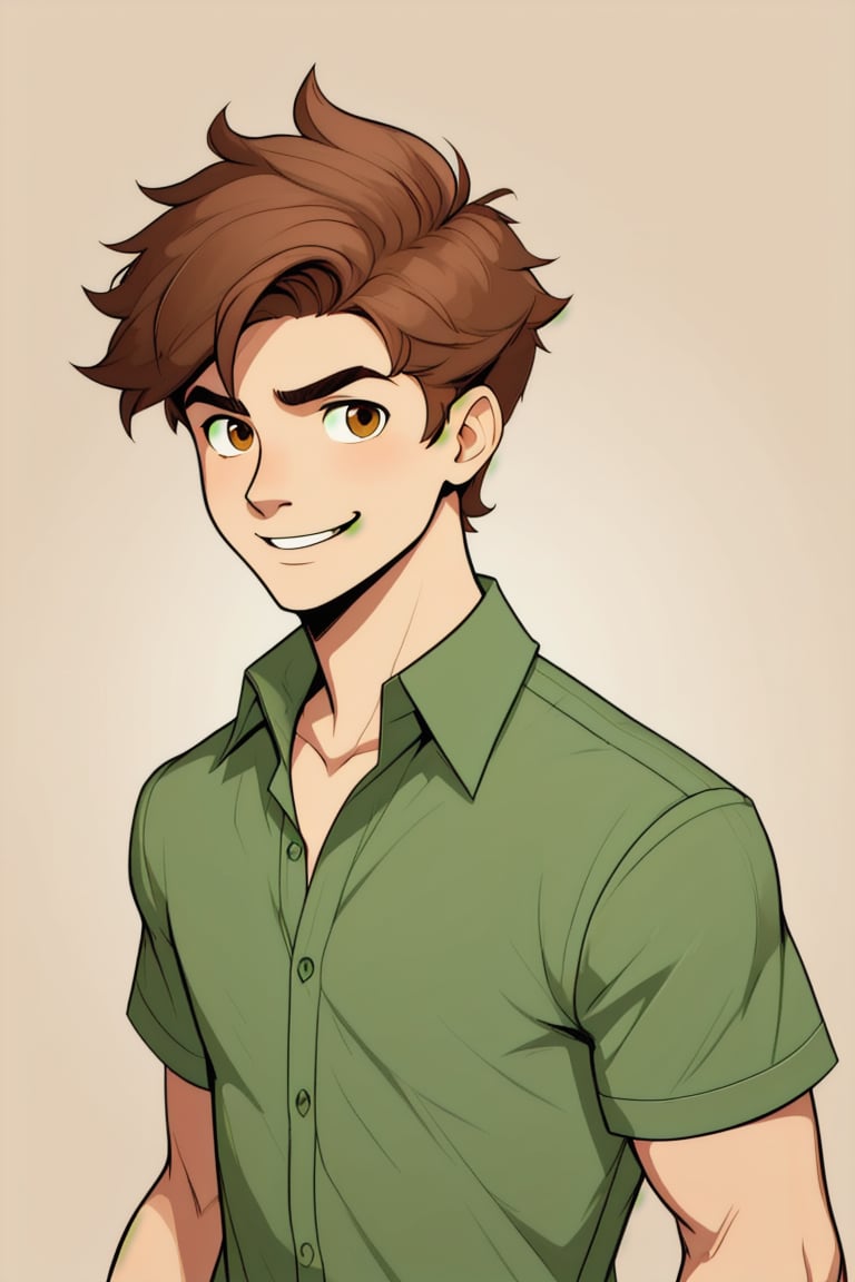 solo, looking at viewer, smile, short hair, simple background, brown hair, shirt, 1boy, brown eyes, closed mouth, collarbone, upper body, short sleeves, male focus, collared shirt, green shirt,best quality,Bruno aventurero 