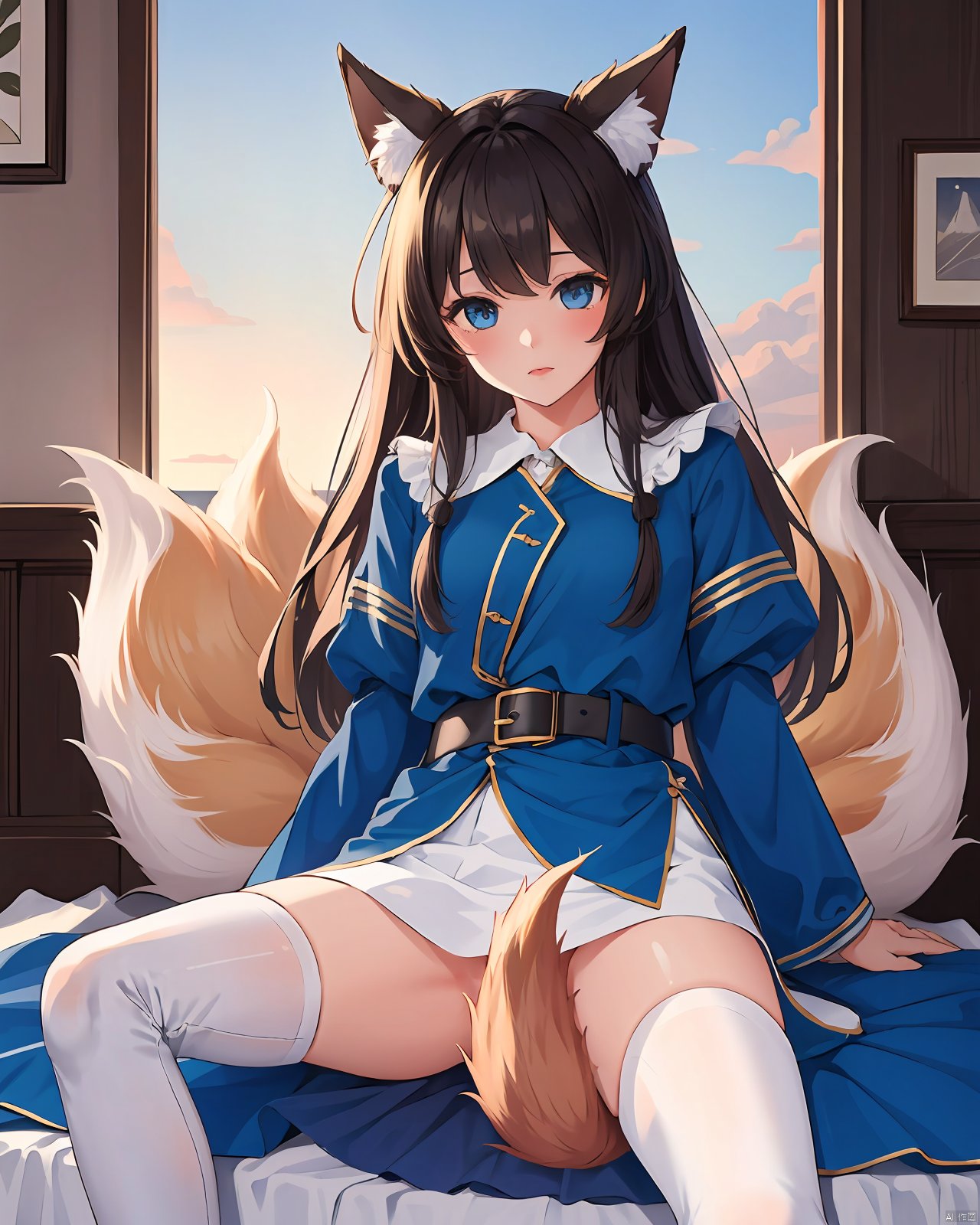  masterpiece,best quality,1girl,looking at viewer,fox tail,sitting,tail overcover crotch, tail censor