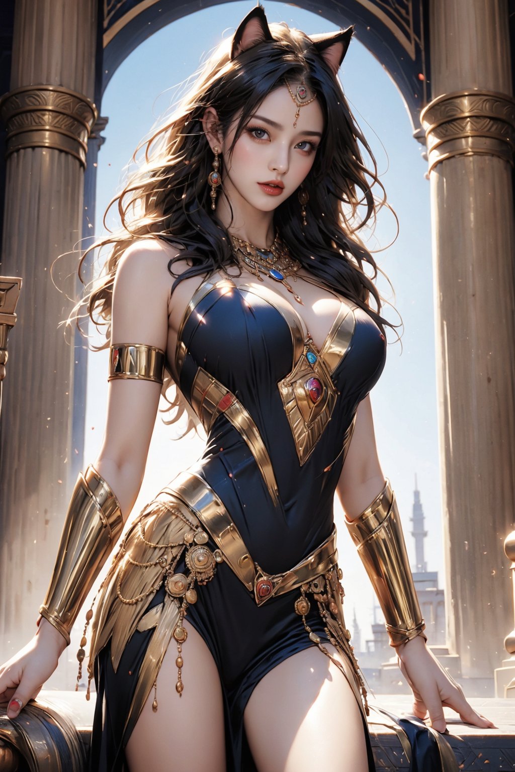 Egyptian queen, (cat woman), busty and sexy girl, 8k, masterpiece, ultra-realistic, best quality, high resolution, high definition,ECWITCH,NJI BEAUTY