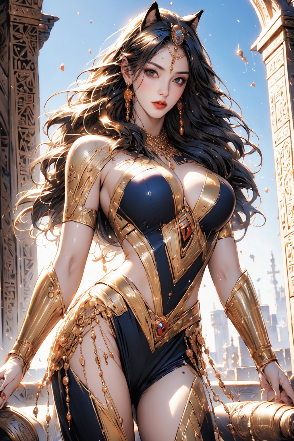 Egyptian queen, (cat woman), busty and sexy girl, 8k, masterpiece, ultra-realistic, best quality, high resolution, high definition,ECWITCH,NJI BEAUTY