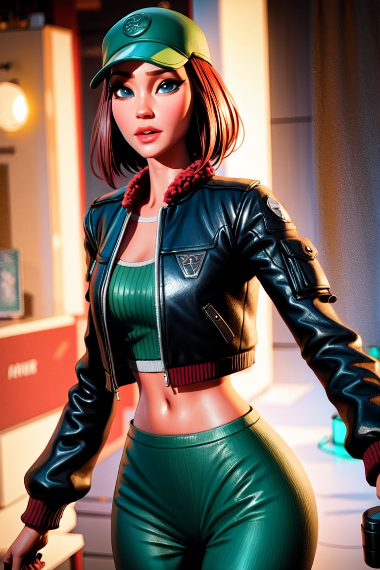 1girl, hollystriker, short hair, red hair, blue eyes, baseball cap, jacket, pants, fingerless black gloves, cropped jacket, crop top, leather, leather jacket, fur-trimmed jacket, red and green clothes,picture-perfect face, blush,flawless, clean, masterpiece, professional artwork, perfect female body,goddess,fantasy, dreamlike, unreal, charming,enchanting,SAM YANG,best quality, 8K, photorealistic, ultra-detailed),(dramatic lighting:1.3)