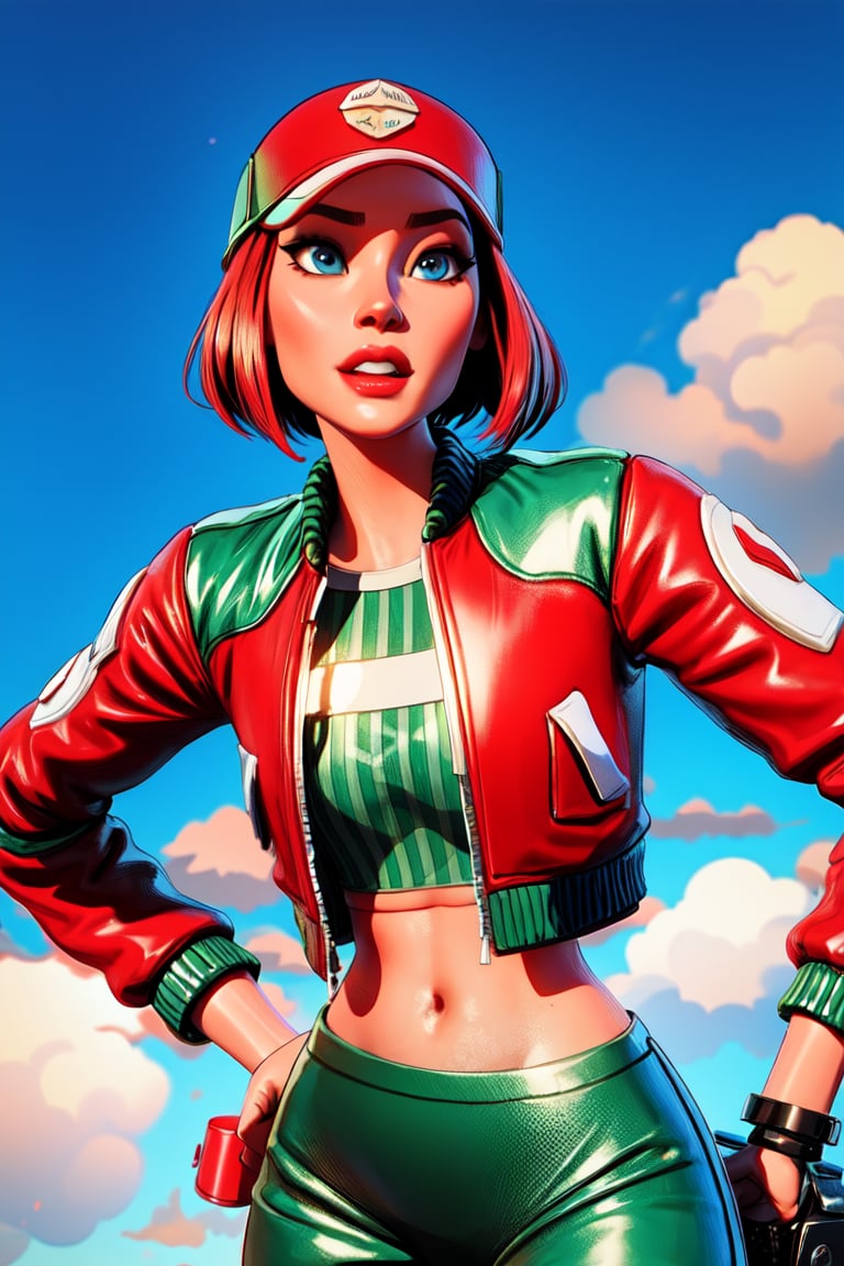 1girl, hollystriker, short hair, red hair, blue eyes, baseball cap, jacket, pants, fingerless gloves, cropped jacket, crop top, leather, leather jacket, fur-trimmed jacket, red and green clothes,picture-perfect face, blush,flawless, clean, masterpiece, professional artwork, perfect female body,goddess,fantasy, dreamlike, unreal, charming,enchanting,SAM YANG,best quality, 8K, photorealistic, ultra-detailed),(dramatic lighting:1.3)