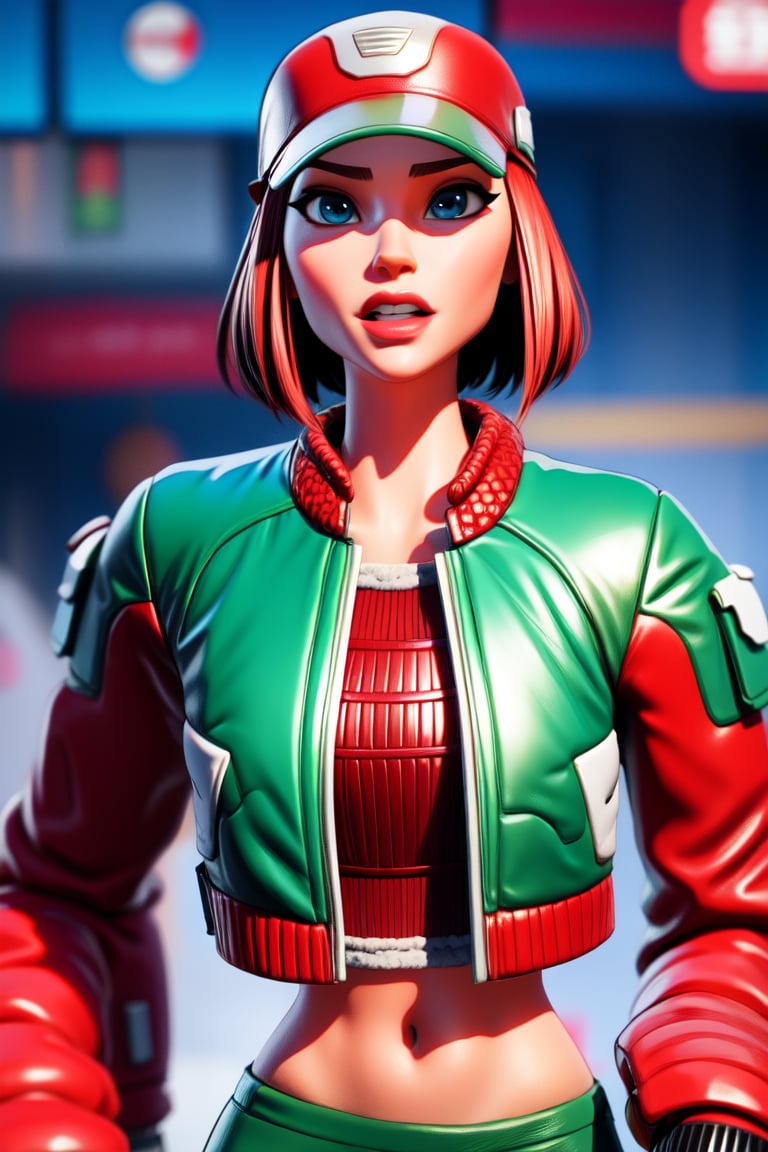 1girl, hollystriker, short hair, red hair, blue eyes, baseball cap, jacket, pants, fingerless gloves, cropped jacket, crop top, leather, leather jacket, fur-trimmed jacket, red and green clothes,SAM YANG