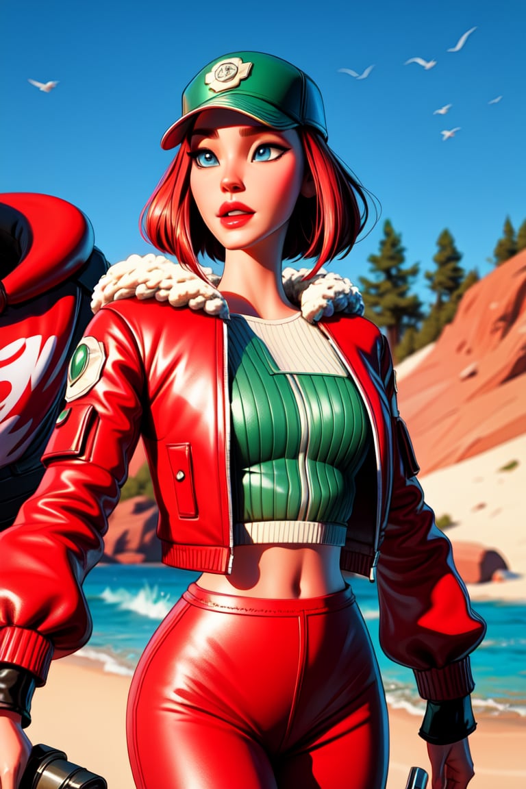 1girl, hollystriker, short hair, red hair, blue eyes, baseball cap, jacket, pants, fingerless gloves, cropped jacket, crop top, leather, leather jacket, fur-trimmed jacket, red and green clothes,picture-perfect face, blush,flawless, clean, masterpiece, professional artwork, perfect female body,goddess,fantasy, dreamlike, unreal, charming,enchanting,SAM YANG,best quality, 8K, photorealistic, ultra-detailed),(dramatic lighting:1.3)