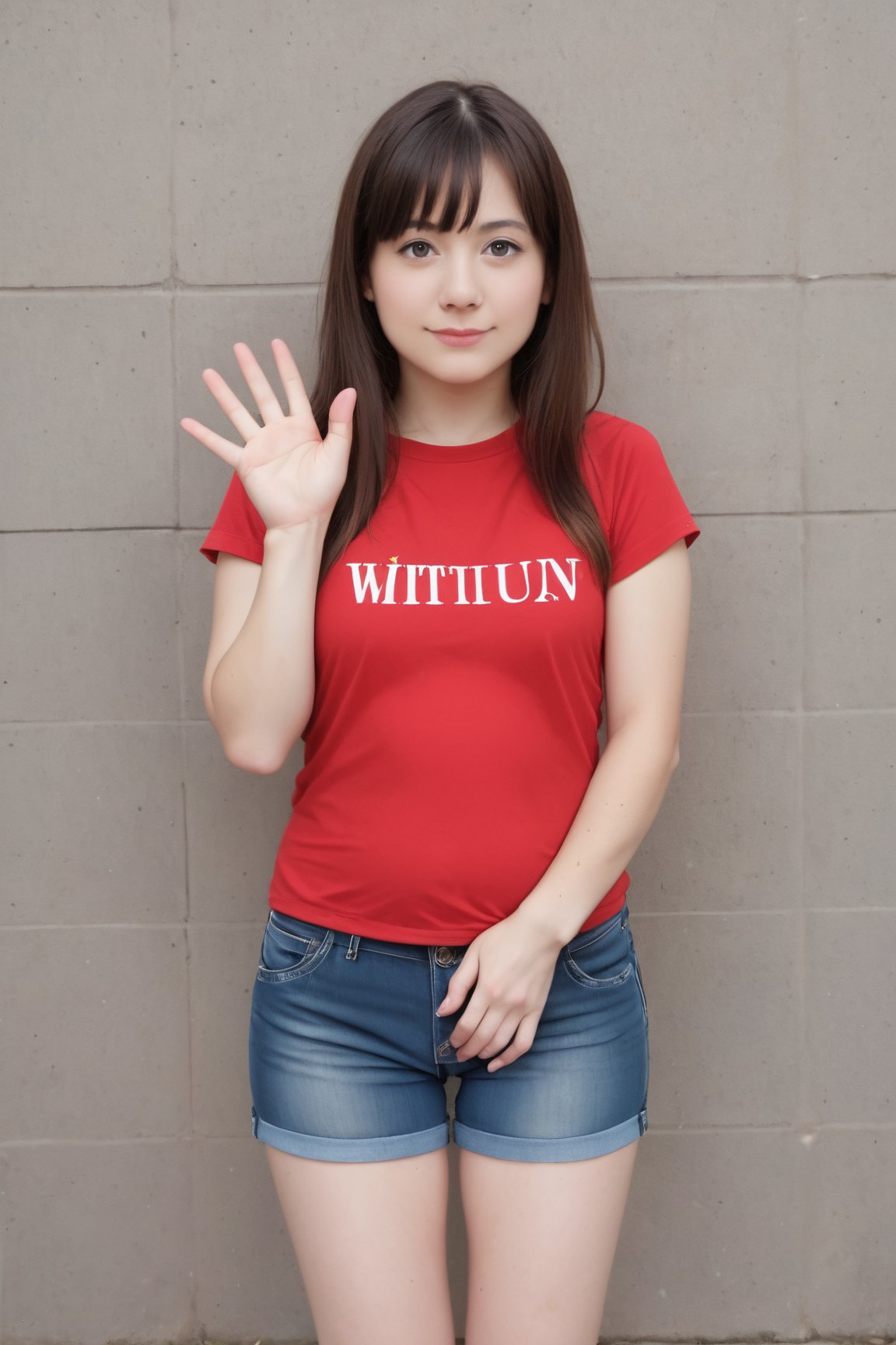 Young woman, wearing a red T-shirt, waving to the viewer with the other, Realistic