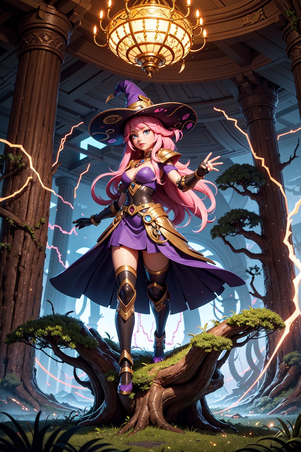 In a futuristic cyberpunk-themed forest, a stunningly beautiful female cyborg wizard stands amidst the intertwining roots of ancient trees, adorned in intricate metallic armor and glowing runes. Her synthetic eyes pierce through the neon lights embedded within the tree canopy above, revealing a breathtaking landscape of advanced technology seamlessly integrated into nature. The air hums with the energy of arcane power and technological advancements, making it clear that this is no ordinary witch - she is a master of both worlds, bridging the gap between magic and machines. As she raises her hands, tendrils of ethereal lightning dance around her fingers like living things, ready to be unleashed upon anyone who dares challenge her authority in this magnificent CyberPunk forest.