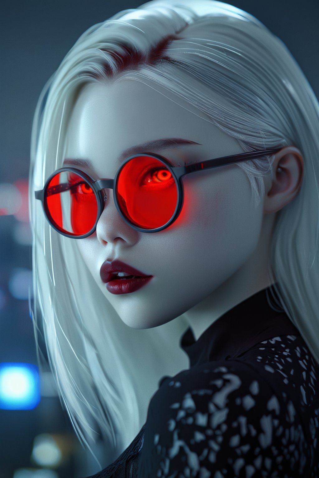 Mavelle, 1girl, pale skin, glowing eyes, red eyes, round glasses, tinted red glasses, white hair, detailed hair, glossy hair, closed mouth, lipstick, serious tone, upper_body, detailed, 4k, hd, masterpiece