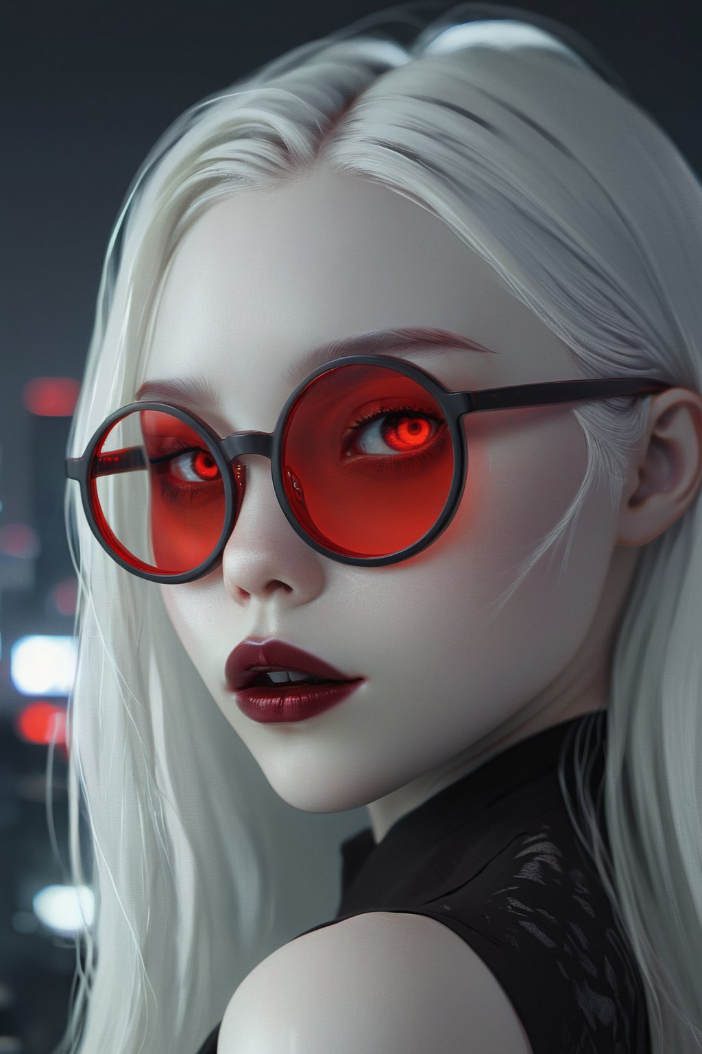 Mavelle, 1girl, pale skin, glowing eyes, red eyes, round glasses, tinted red glasses, white hair, detailed hair, glossy hair, closed mouth, lipstick, detailed, 4k, hd, masterpiece