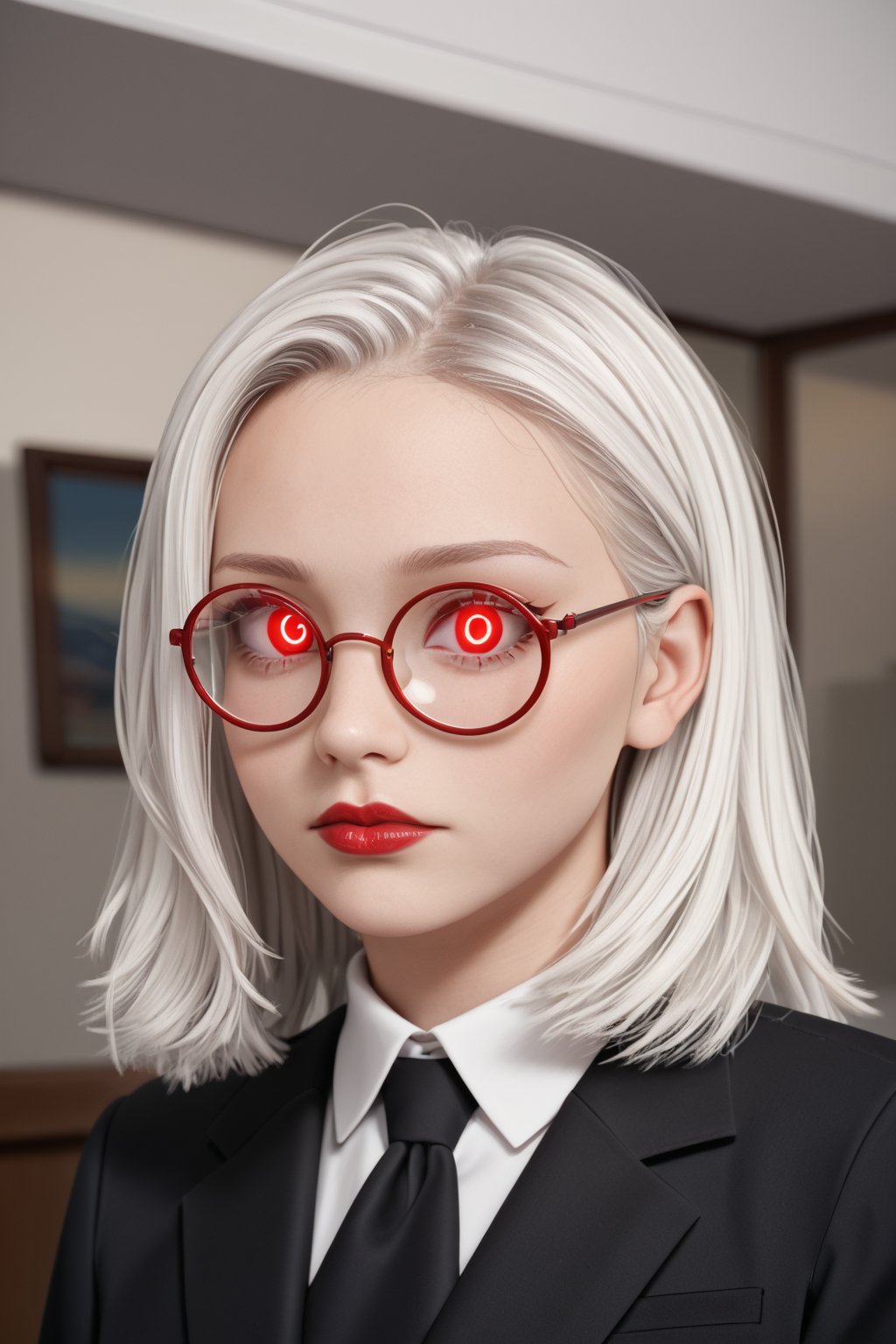 Mavelle, 1girl, pale skin, glowing eyes, red eyes, round glasses, tinted red glasses, white hair, detailed hair, glossy hair, closed mouth, lipstick, upper_body, detailed, 4k, hd, masterpiece