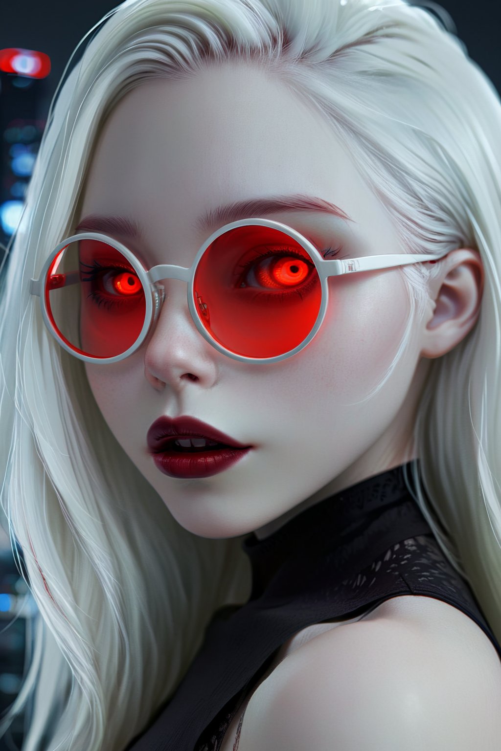 Mavelle, 1girl, pale skin, glowing eyes, red eyes, round glasses, tinted red glasses, white hair, detailed hair, glossy hair, closed mouth, lipstick, detailed, 4k, hd, masterpiece