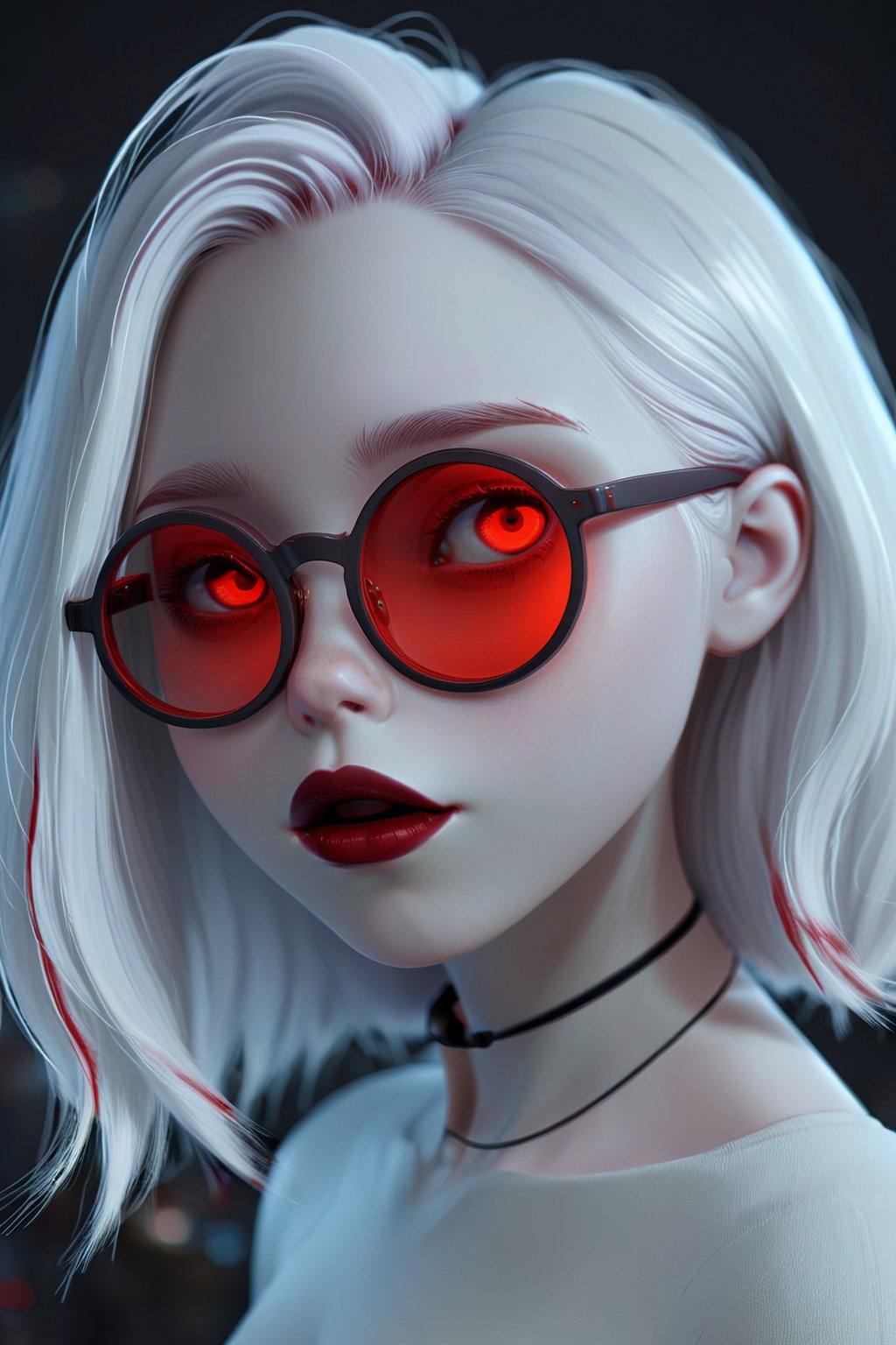 Mavelle, 1girl, pale skin, glowing eyes, red eyes, round glasses, tinted red glasses, white hair, detailed hair, glossy hair, closed mouth, lipstick, detailed, 4k, hd, masterpiece, 3D,disney pixar style