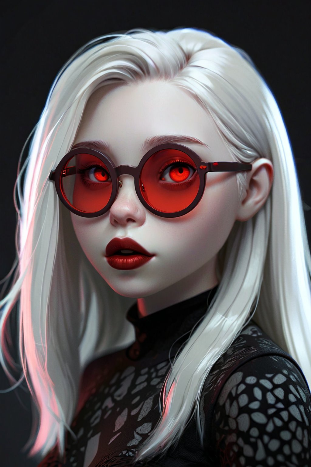 Mavelle, 1girl, pale skin, glowing eyes, red eyes, round glasses, tinted red glasses, white hair, detailed hair, glossy hair, closed mouth, lipstick, detailed, 4k, hd, masterpiece, 3D,disney pixar style