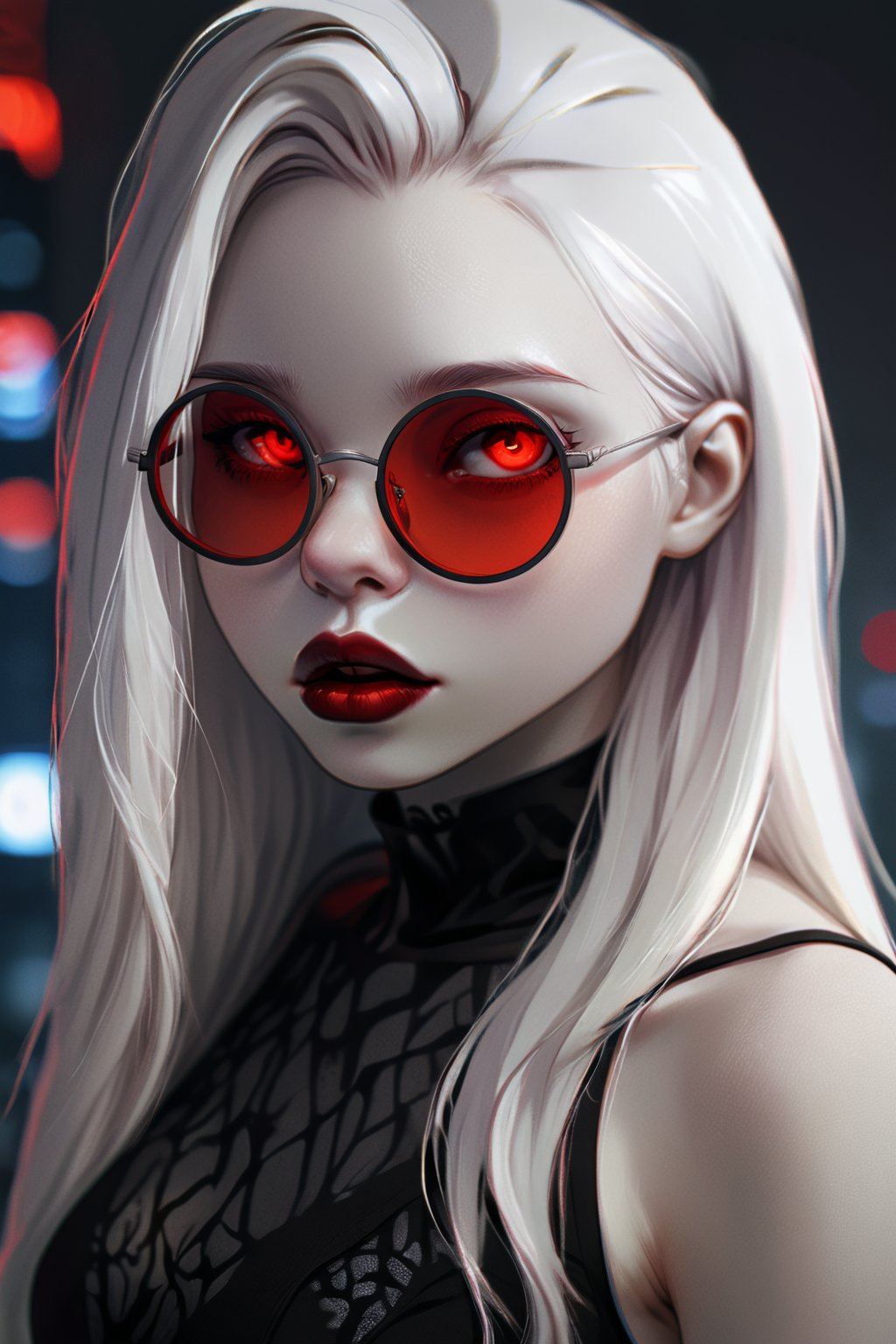 Mavelle, 1girl, pale skin, glowing eyes, red eyes, round glasses, tinted red glasses, white hair, detailed hair, glossy hair, closed mouth, lipstick, serious tone, upper_body, detailed, 4k, hd, masterpiece