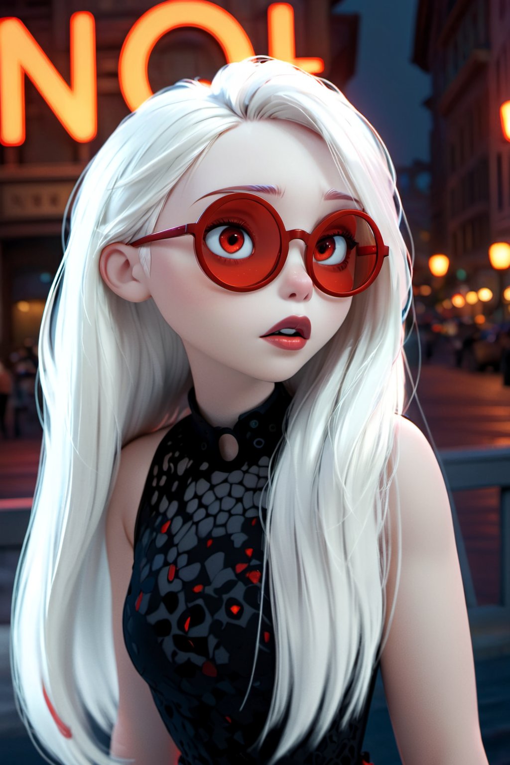 Mavelle, 1girl, pale skin, glowing eyes, red eyes, round glasses, tinted red glasses, white hair, detailed hair, glossy hair, closed mouth, lipstick, detailed, 4k, hd, masterpiece, 3D,disney pixar style