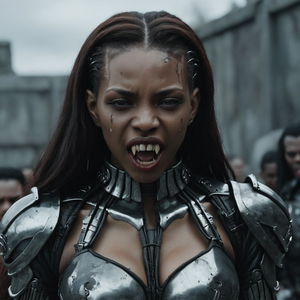 1girl, black woman , black woman, cyborg armour T, vampire fangs, FANG-L,  VAMPL-OPEN-MOUTH, full body portrait , vampire , CYT, 4k resolution.