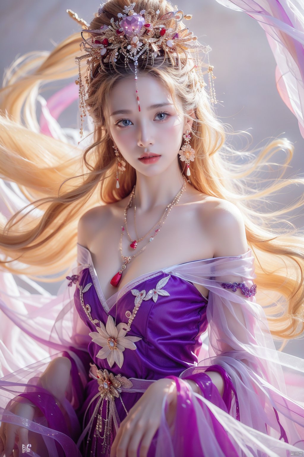 1girl, solo, long hair, looking at viewer, blue eyes, blonde hair, dress, bare shoulders, jewelry, closed mouth, purple eyes, upper body, earrings, puffy sleeves, necklace, off shoulder, lips, head tilt, wavy hair, purple dress, red lips