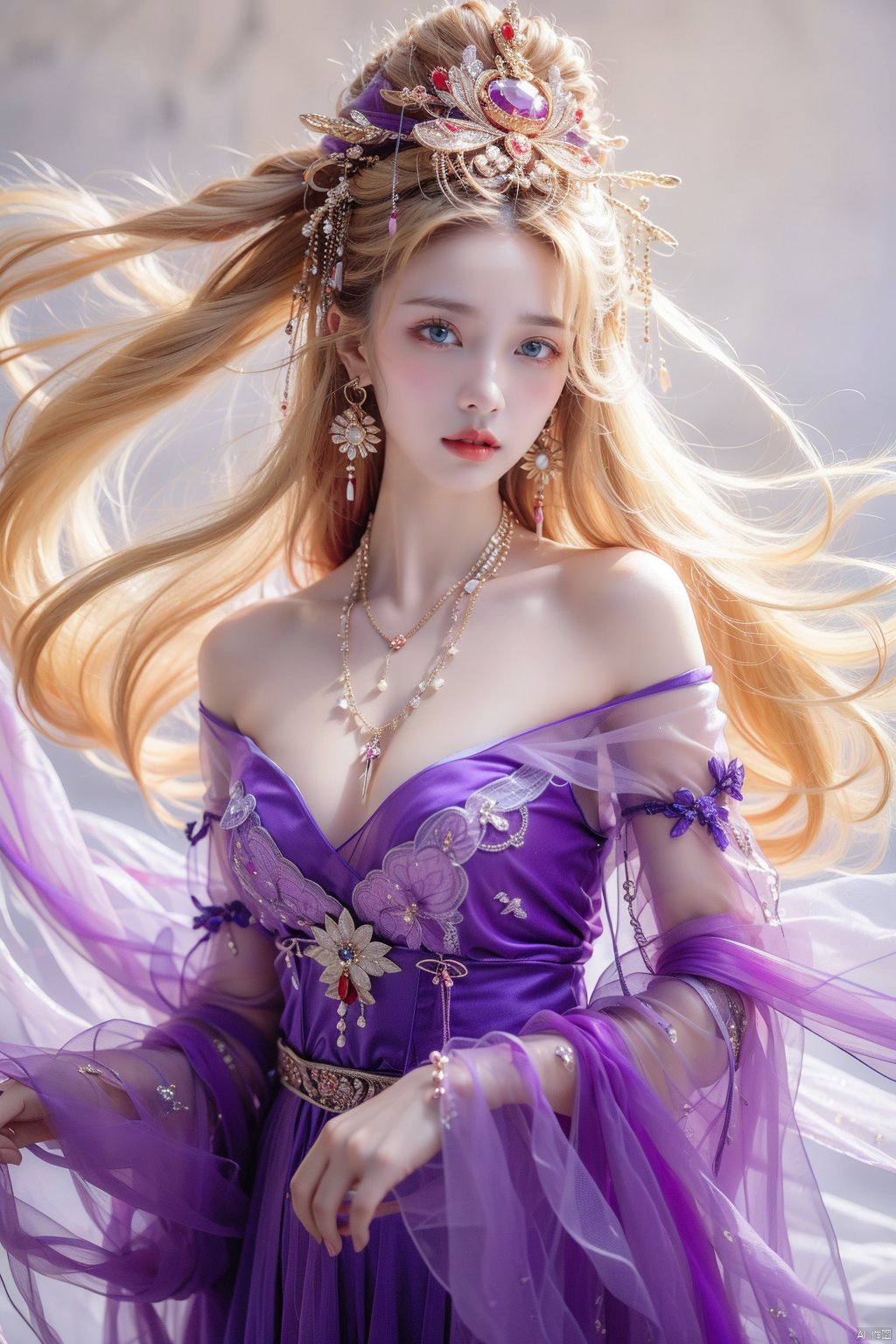  1girl, solo, long hair, looking at viewer, blue eyes, blonde hair, purple dress, bare shoulders, jewelry, closed mouth, purple eyes, upper body, earrings, puffy sleeves, necklace, off shoulder, lips, head tilt, wavy hair, purple dress, red lips