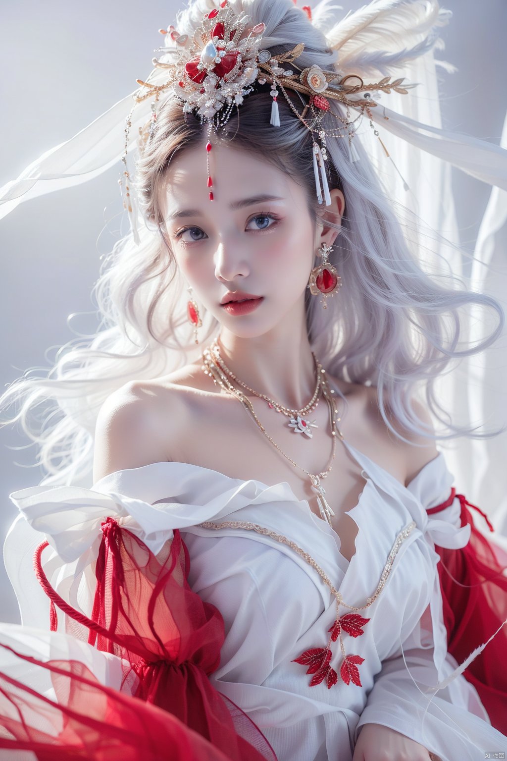  1girl, solo, long hair, looking at viewer, blue eyes, white hair, white dress, bare shoulders, jewelry, closed mouth, purple eyes, upper body, earrings, puffy sleeves, necklace, off shoulder, lips, head tilt, wavy hair, red lips