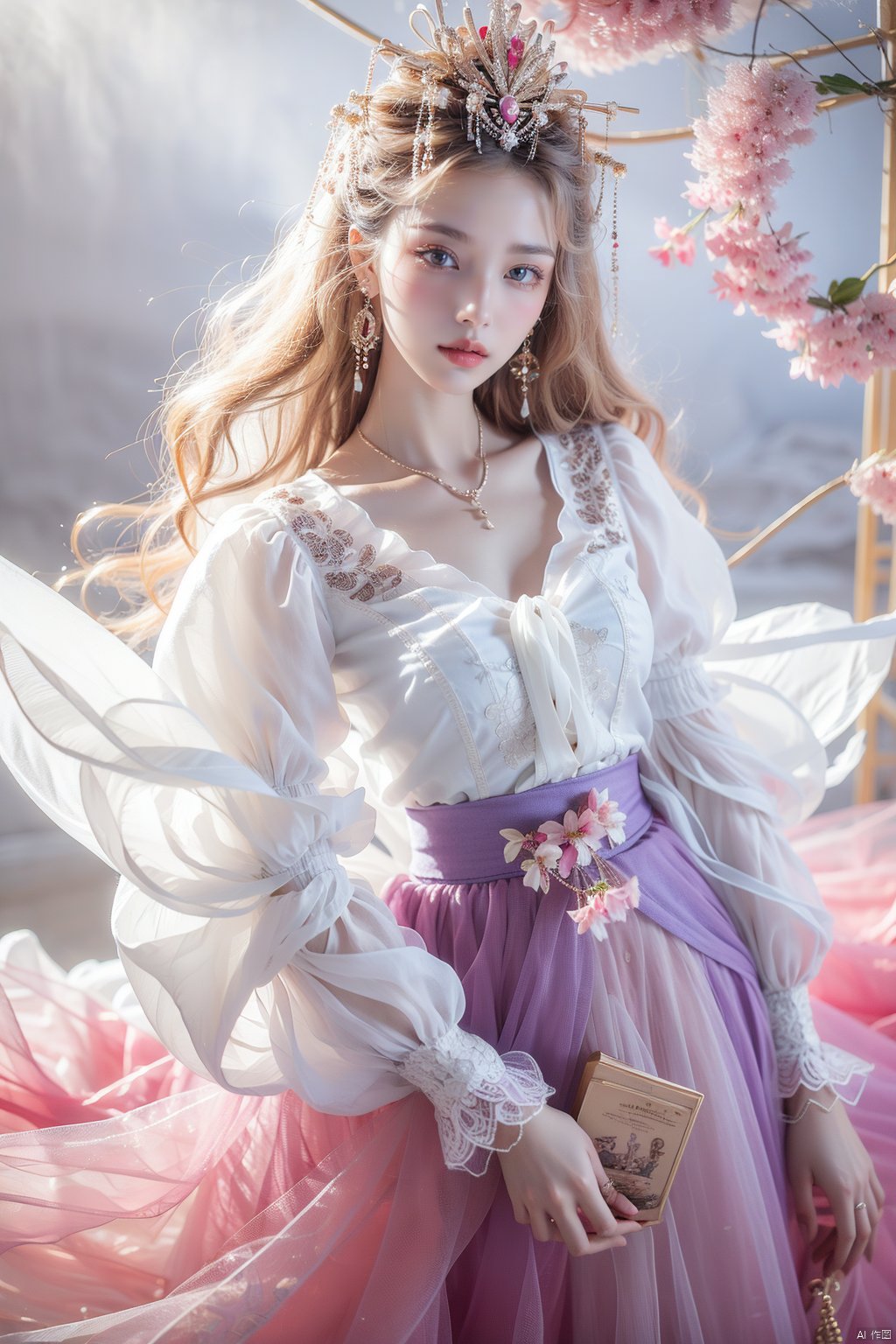 1girl, solo, long hair, looking at viewer, blue eyes, skirt, blonde hair, shirt, long sleeves, jewelry, sitting, closed mouth, white shirt, flower, earrings, puffy sleeves, lips, blue skirt, head tilt, grey eyes, wavy hair, blouse, pink flower, purple skirt, long skirt