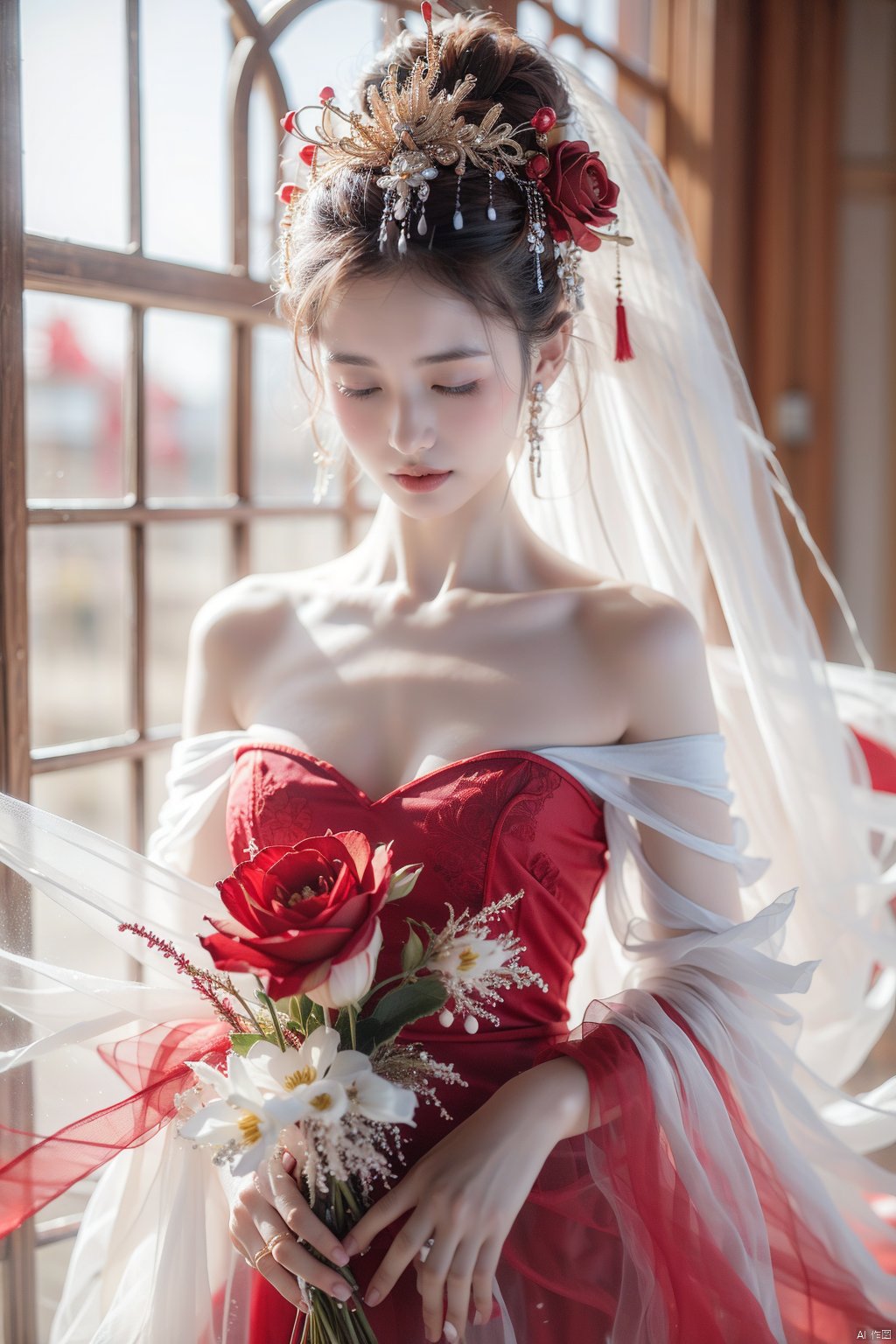 1girl, solo, short hair, bangs, brown hair, black hair, hair ornament, long sleeves, dress, holding, bare shoulders, closed mouth, closed eyes, upper body, flower, indoors, hair flower, off shoulder, lips, see-through, strapless, rose, floral print, red flower, strapless dress, red rose, bouquet, realistic, holding flower, holding bouquet