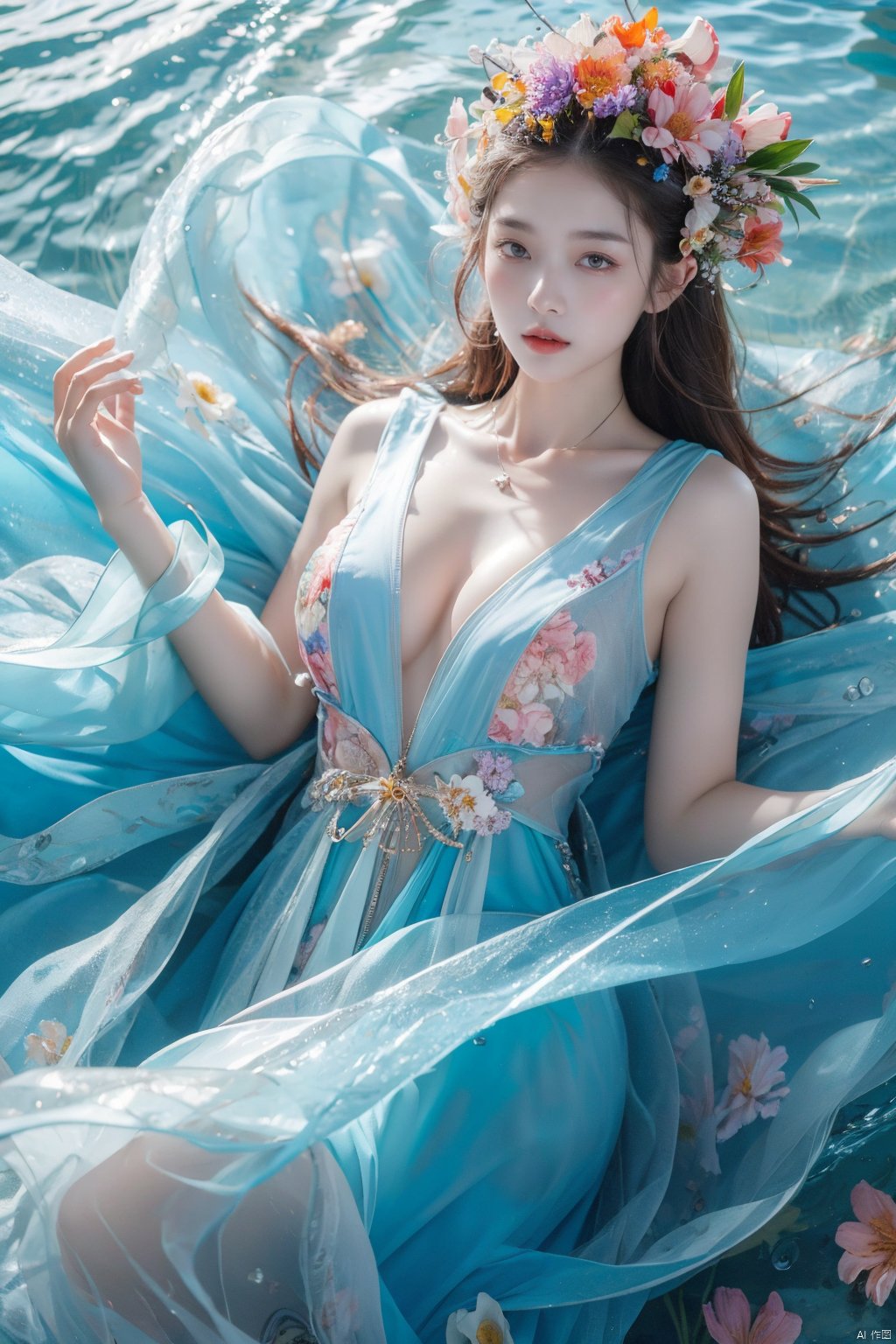  a dreamy and beautiful scene,flower dress,blue seawater,sea level,(there are many flowers on the clothes:1.3),frontlight,ambient_light,light_rays,(clarityblue:1.3),sexy,large chest,the girl is lying on the water surface,(a lot of flowers:1.3),ripples,ripple,dark blue,float,bubble,HDR,UHD,8K,best quality,masterpiece,realistic,highres,masterpiece,