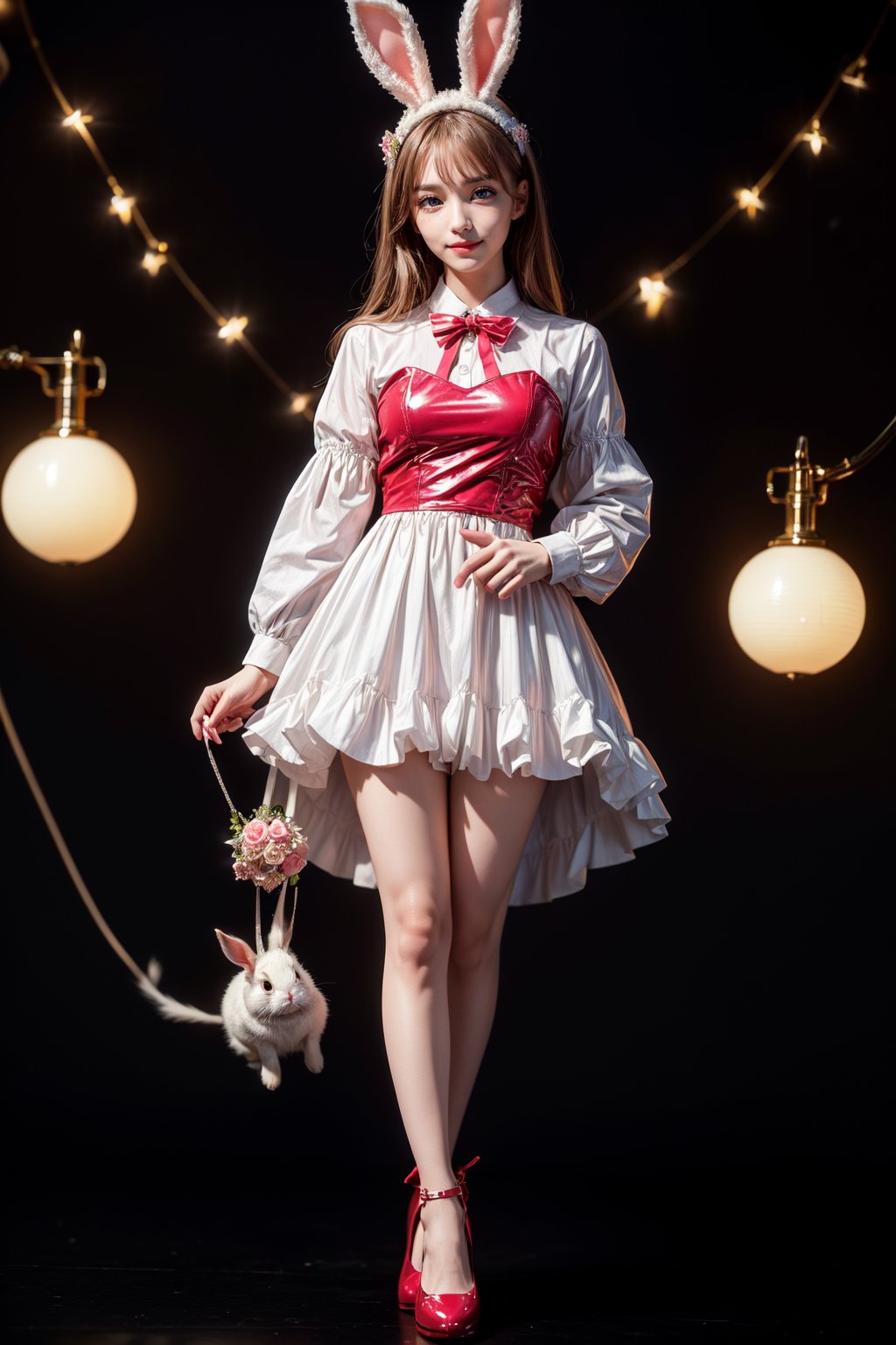 (masterpiece, high quality:1.5), (8K, HDR), 1girl, solo, full_body, Bunny Uniform, Glossy patent leather, black background, FuturEvoLab-girl, FuturEvoLab-Bunny, 