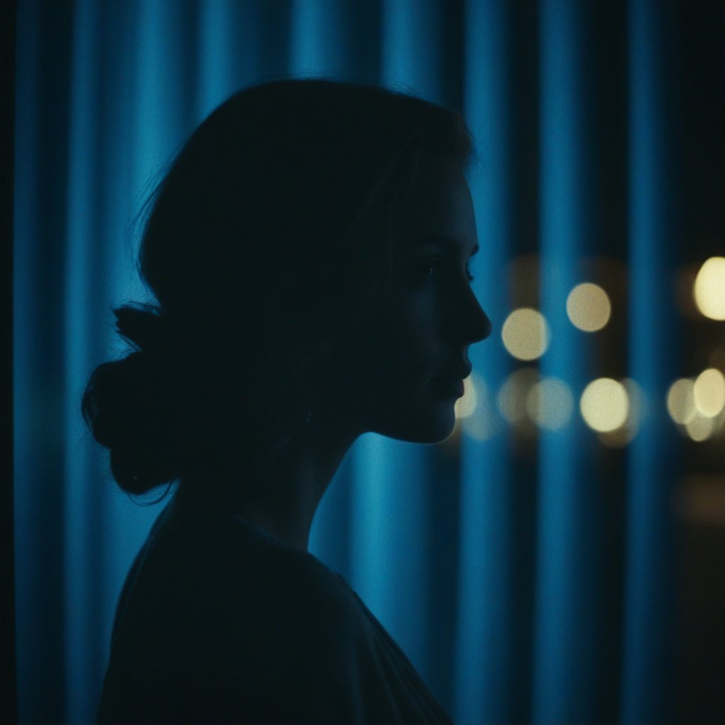 cinematic film still of   A silhouette photo of a pretty woman looking at camera in a dark street at blue night with her face casting window curtain shadow style, shallow depth of field, vignette, highly detailed, high budget, bokeh, cinemascope, moody, epic, gorgeous, film grain, grainy