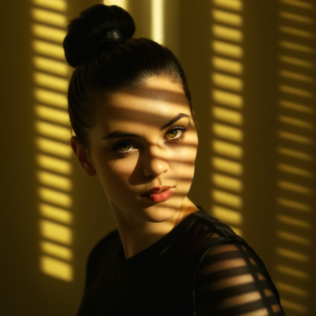 cinematic film still of  A cucoloris patterned illumination casting a large diagonal bar shadow on a modeling woman with a black top and a black top,1girl,solo,looking at viewer,short hair,black hair,yellow eyes,hair bun,blurry,lips,shadow,sunlight,portrait,realistic,shade,dappled sunlight,cinematic,film,filmic,casting shadow,venetian blinds casting shadow light,shadow on face,face partially covered in shadow,different shadow,window casting shadow light,cinematography,detailed,detailed background,detailed face,high quality,8k,cuculoris,kookaloris,cookaloris or cucalorus,light modifier,different light pattern,hand, creative light,unique shadow , casting shadow style, shallow depth of field, vignette, highly detailed, high budget, bokeh, cinemascope, moody, epic, gorgeous, film grain, grainy