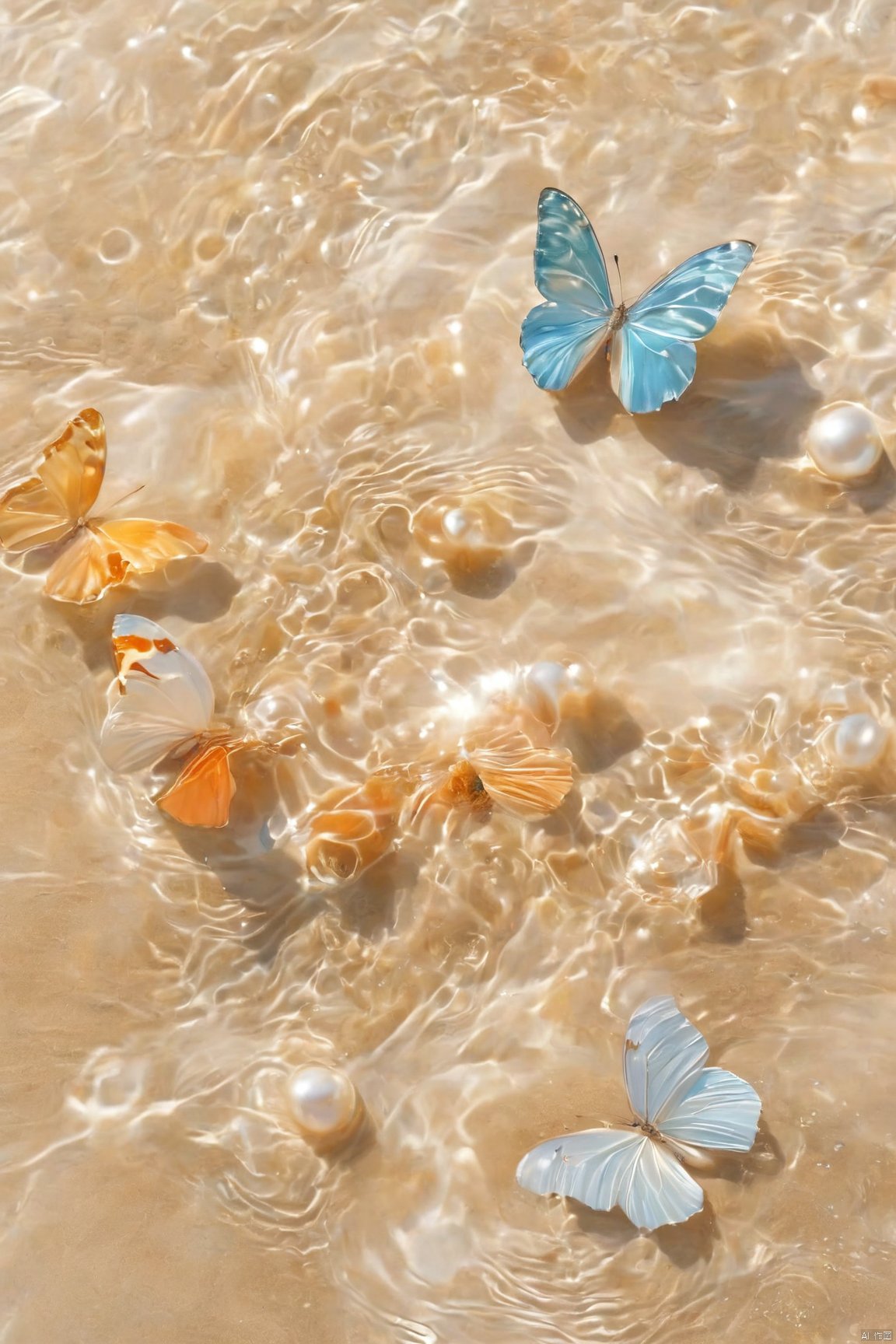  fantasy_butterfly,big coloful butterfly,water,water ripples,beach, Water_butterfly, Healing_Painting, pearl_shell, desert_sky, song_hanfu