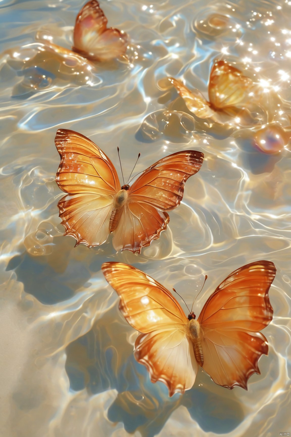  fantasy_butterfly,big coloful butterfly,water,water ripples,beach, Water_butterfly, Healing_Painting, pearl_shell, desert_sky, song_hanfu