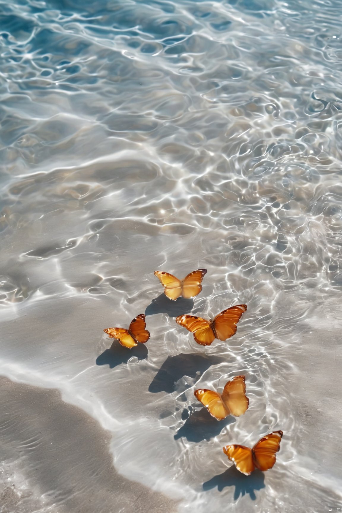  fantasy_butterfly,big coloful butterfly,water,water ripples,beach,