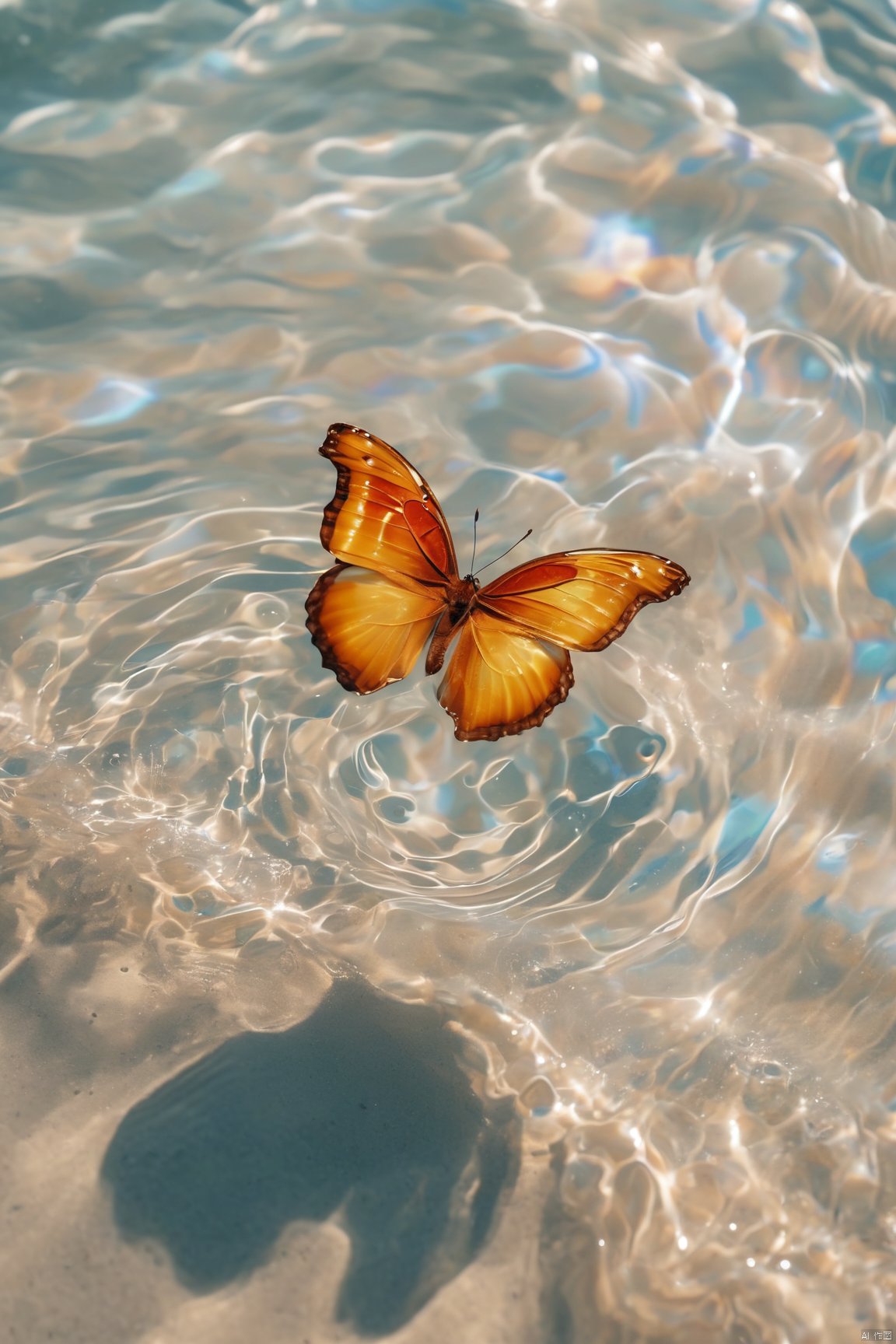  fantasy_butterfly,big coloful butterfly,water,water ripples,beach,