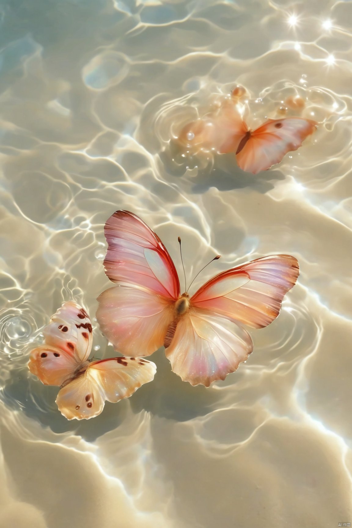  fantasy_butterfly,big coloful butterfly,water,water ripples,beach, Water_butterfly, Healing_Painting, pearl_shell, desert_sky, song_hanfu