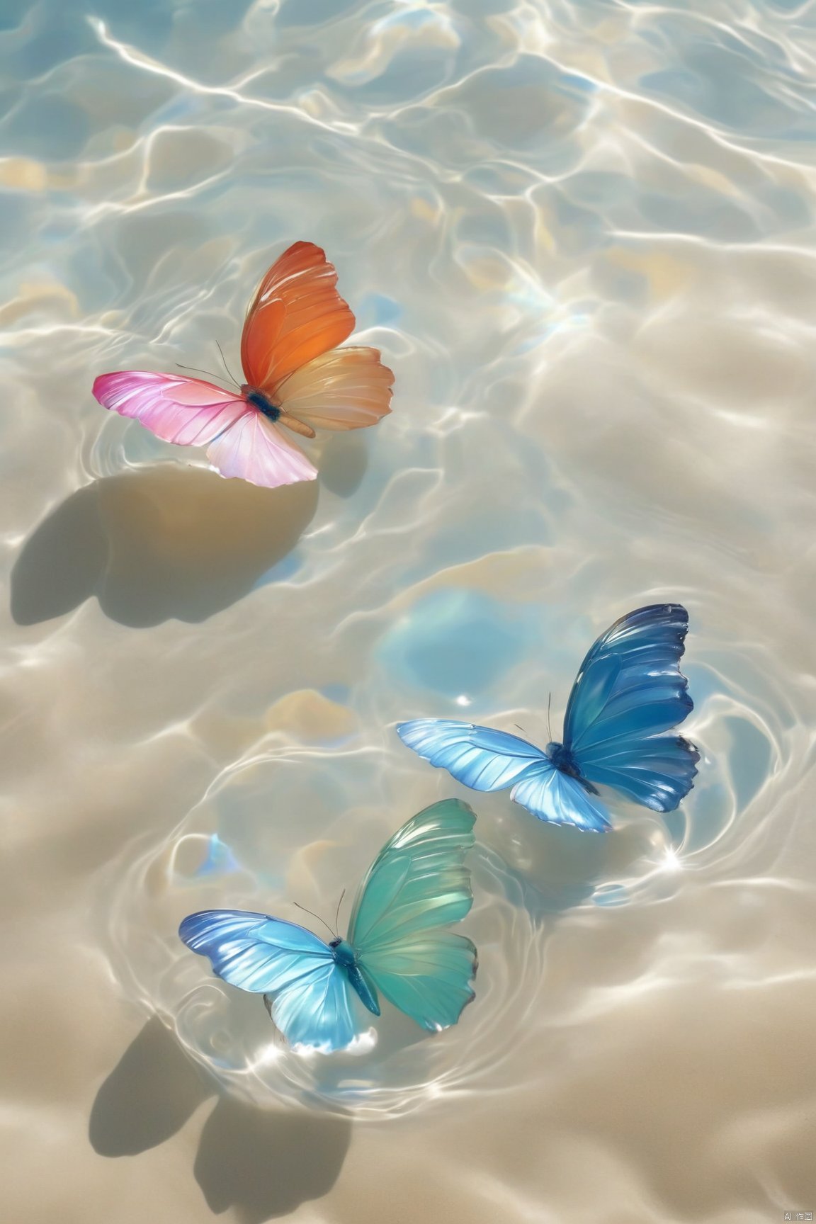  fantasy_butterfly,big coloful butterfly,water,water ripples,beach, Water_butterfly, Healing_Painting, pearl_shell, desert_sky, song_hanfu