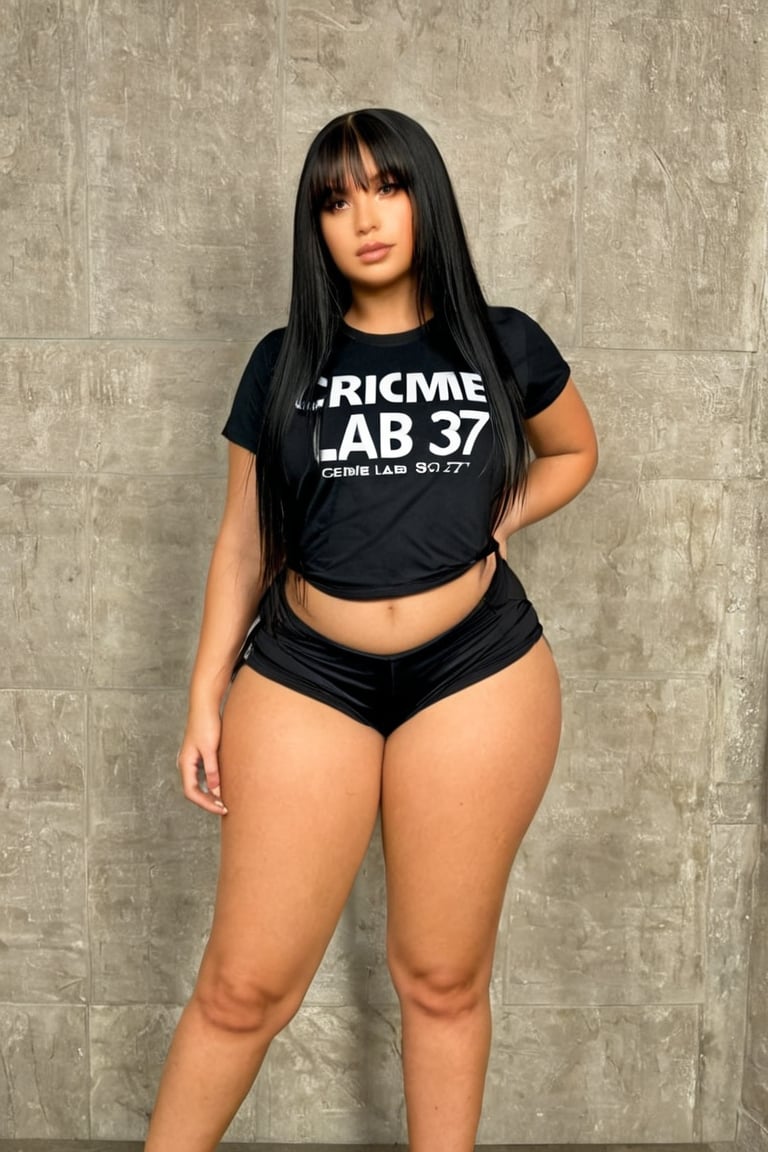 ,cocobliss is wearing black tshirt with text printed " CRIME LAB 357" , standing fullbody  .long black hair, realistic,cocobliss,short bootyshorts, music studio room background