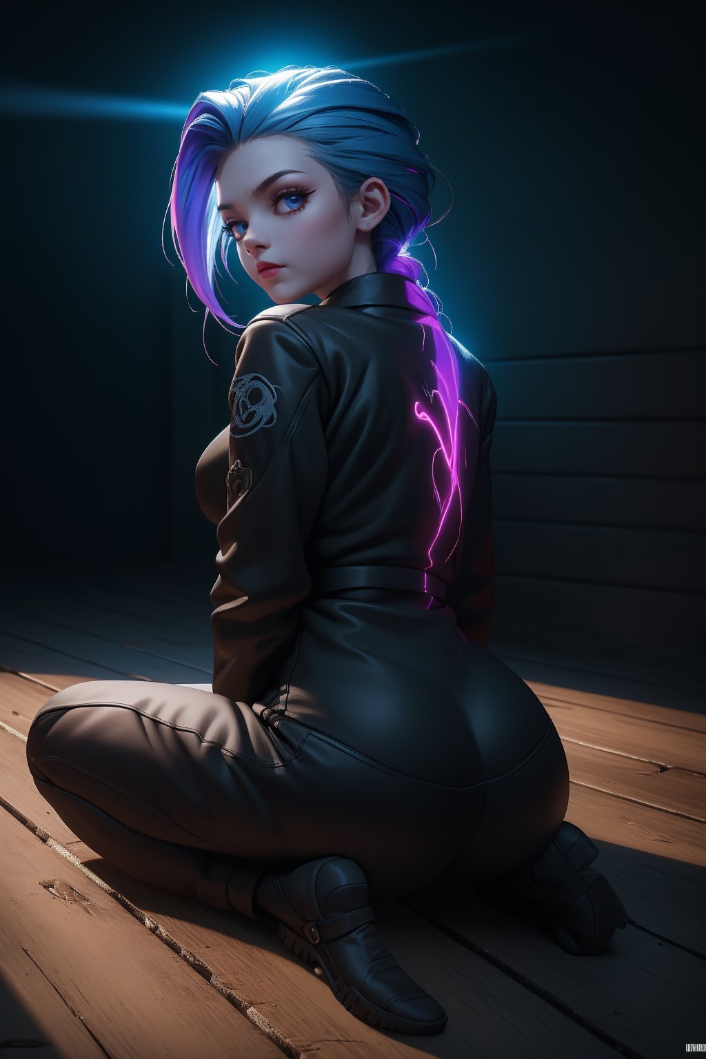 (masterpiece), (best qulity), 8k, uhd, detail, hyper detail.
JinxKaryln, sit on the floor, dark room, wooden floor, (sad theme), looking back, W sit pose, Jinx arcane outfit, grafiti wall, dark room, dark atmosphere, ambient light, vivid light, light beam