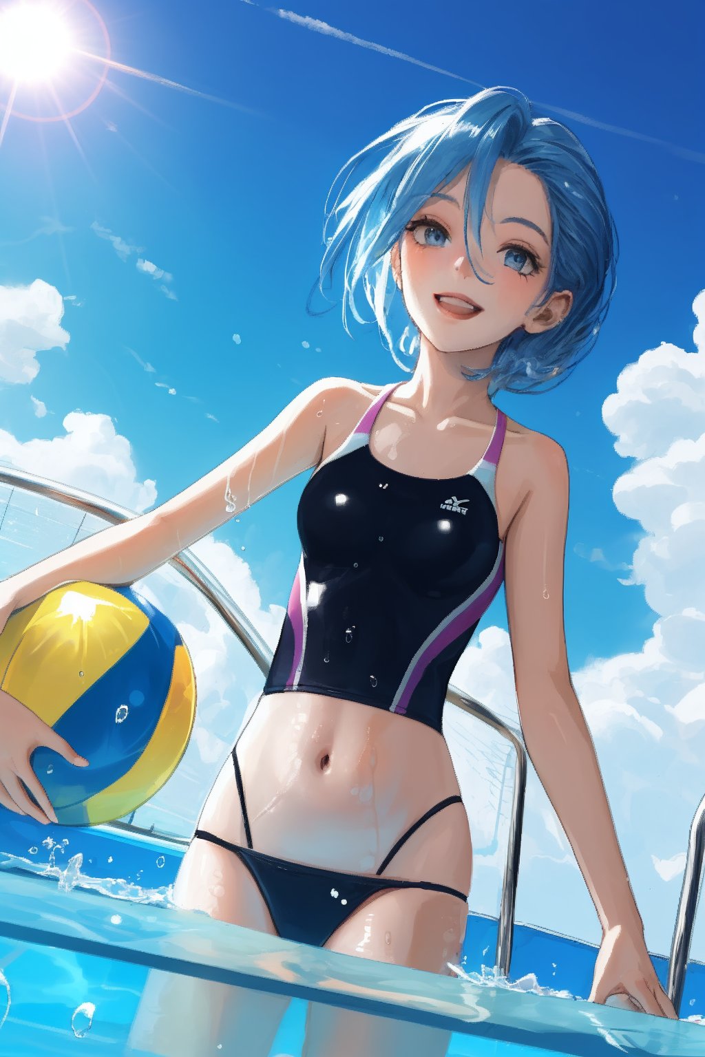 JinxKaryln, swim suit, happy on the suuny day, pool, water splash, ball, sun light, dutch angle, sky, cloud, low angle, slim, thin.