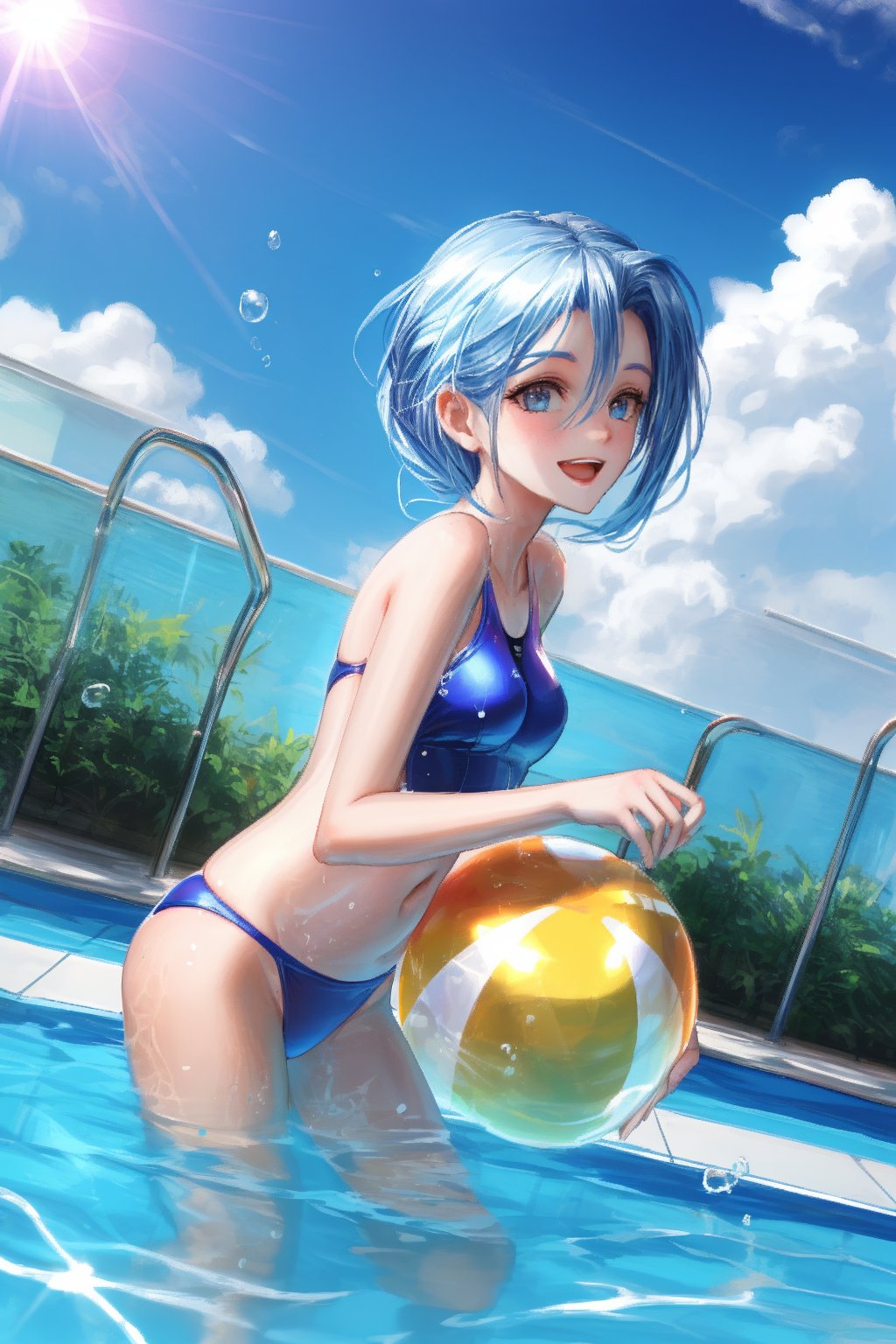 JinxKaryln, swim suit, happy on the suuny day, pool, water splash, ball, sun light, dutch angle, sky, cloud, low angle, slim, thin.