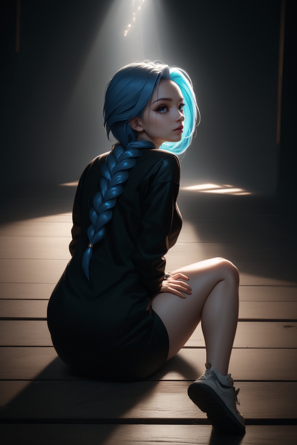 (masterpiece), (best qulity), 8k, uhd, detail, hyper detail.
JinxKaryln, sit on the floor, dark room, wooden floor, (sad theme), looking back, W sit pose, grafiti wall, dark room, dark atmosphere, ambient light, vivid light, light beam