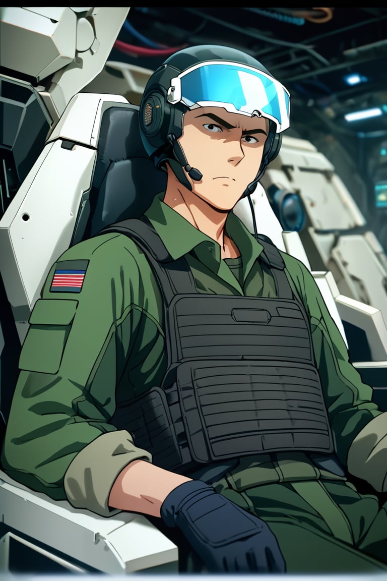 score_9,score_8_up,score_7_up, solo male, Isami Ao \(Brave Bang Bravern\), brown eyes, sanpaku, constricted pupils, ((green pilot jumpsuit, green sleeves)), (black tactical vest), ((helmet, blue visor)), (eyes behind visor), holding helmet, padded sleeves, tactical gloves, (upperbody), from front, mature, handsome, charming, alluring, masculine, serious, intense eyes, v-shaped eyebrows, close mouth, sitting, huge industrial mecha, mecha cockpit, operator's seat, throttle, joystick, seatbelt, multiple monitor screen, perfect anatomy, perfect proportions, best quality, masterpiece, high_resolution, dutch angle, photo background, science fiction, mecha, multiple monitors, cinematic, war, mecha, robot, cinematic still, emotional, harmonious, vignette, bokeh, cinemascope, moody, epic, gorgeous, city ruins, inside the mecha