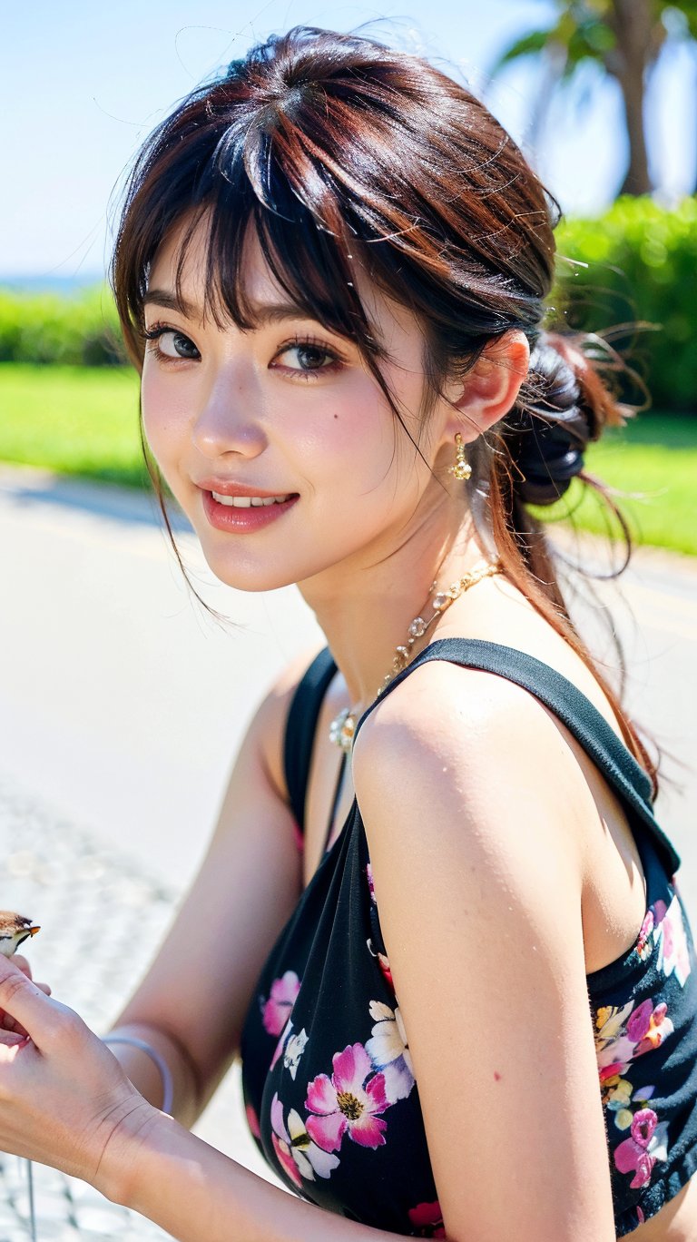 (best quality, masterpiece, ultra detailed, 8K, RAW photo), absuredres, a beautiful student model holding a sparrow, long black chignon with blunt bangs, azure outfit,grey eyes,parted greasy lips,kind smile,intricate jewelry,necklace,earrings, bliss, joyful, floral background,vibrant color, colorful,