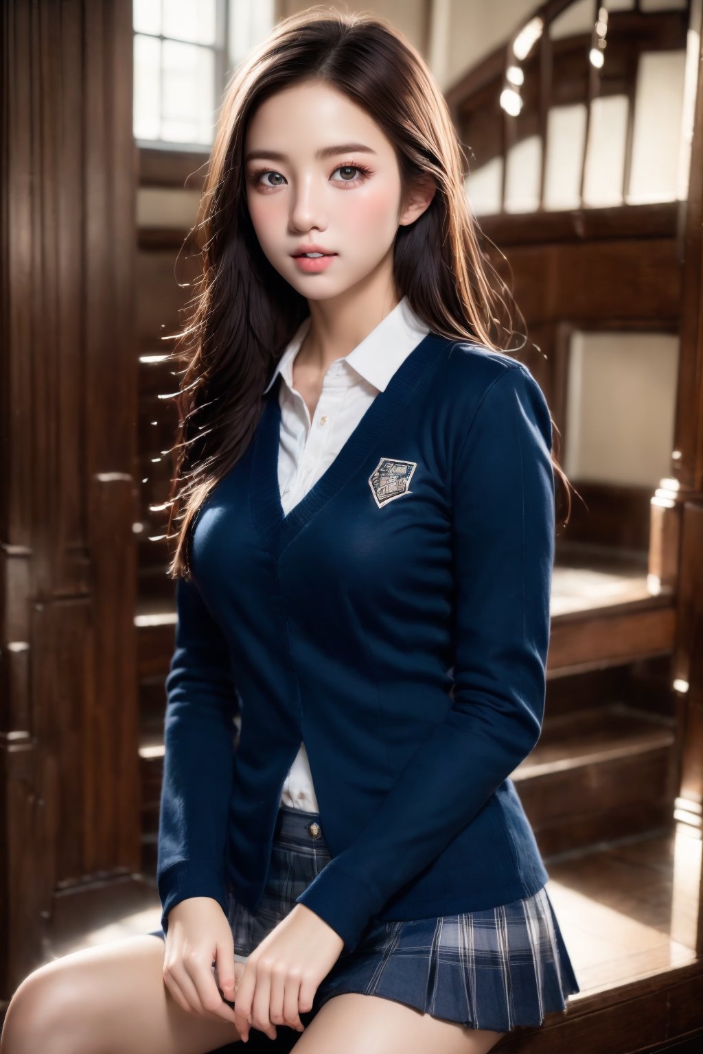 high school student,girl,school uniform,sitting on stair,Best Quality, 32k, photorealistic, ultra-detailed, finely detailed, high resolution, perfect dynamic composition, beautiful detailed eyes, sharp-focus, cowboy_shot, 