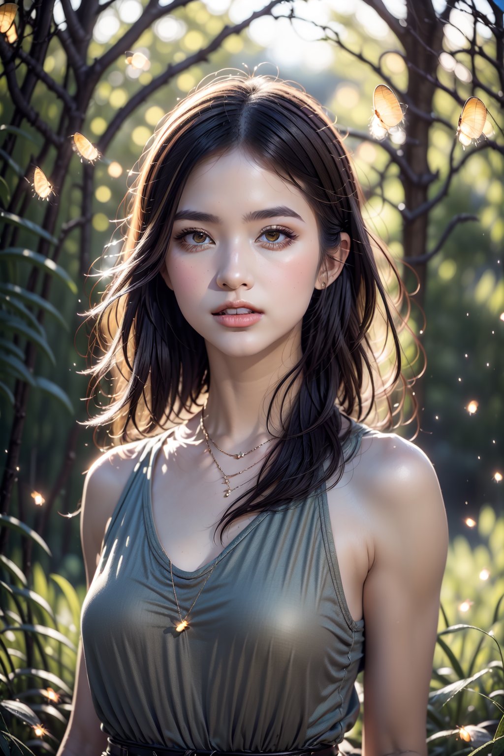 fashion portrait photo of beautiful young woman from the 60s wearing casual clothes standing in the middle of a open space meadow, taken on a hasselblad medium format camera, ((closeup top shot)), ((fireflies)),leonardo