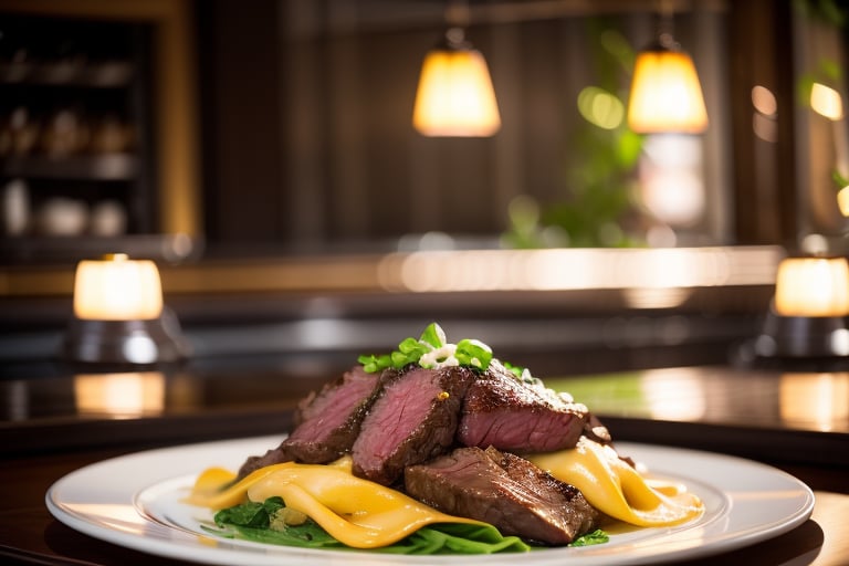 Surreal wide view focus shot advertising a beef elegant  dish in michellin star restaurant, simple background, perfect lighting, high definition.