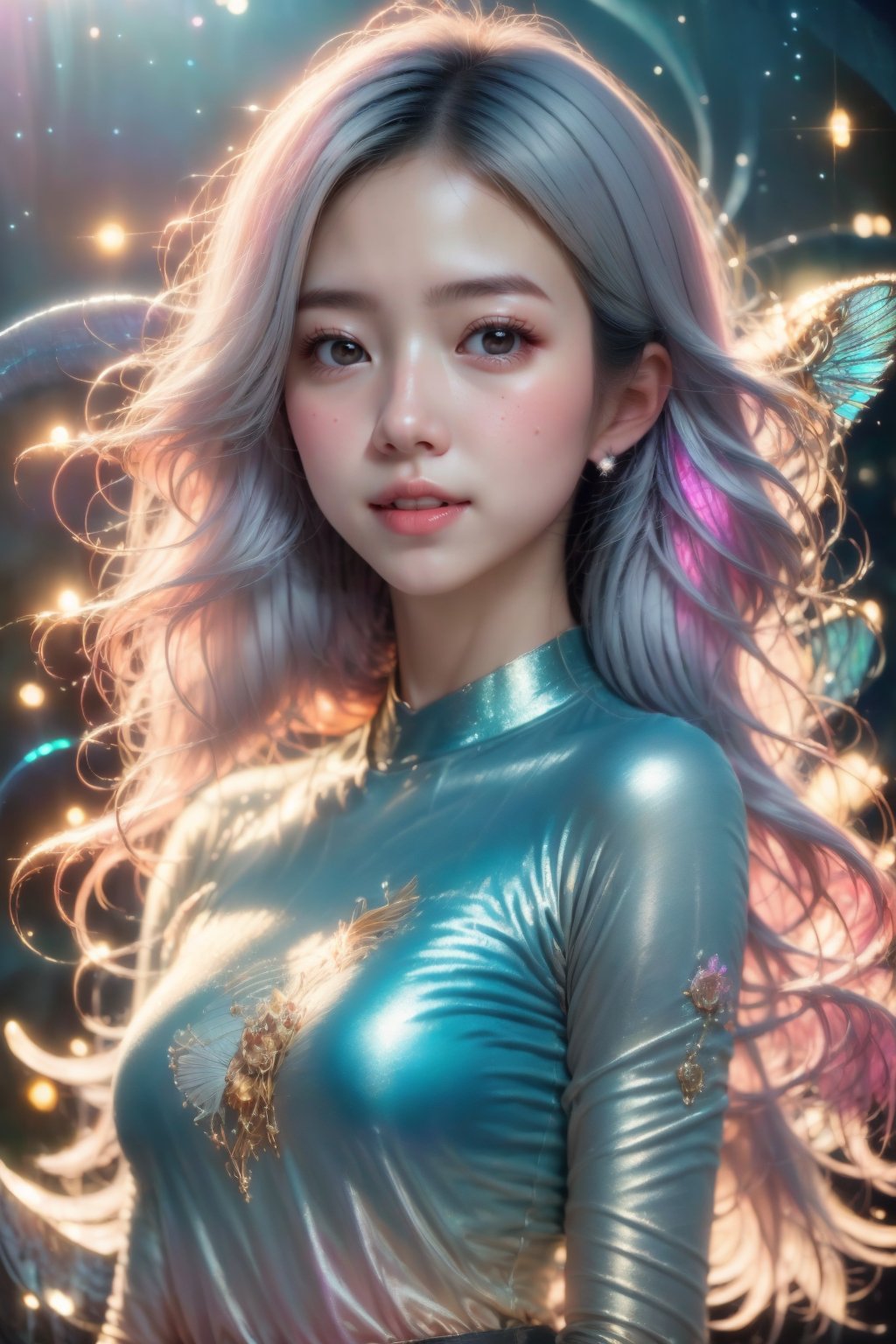 (masterpiece, best quality, CGI, official art:1.2), (stunning celestial being:1.3), (iridescent wings:1.4), shimmering silver hair, piercing sapphire eyes, gentle smile, (luminous aura:1.2), soft focus, whimsical atmosphere, serene emotion, dreamy tone, vibrant intensity, inspired by Hayao Miyazaki's style, ethereal aesthetic, pastel colors with (soft pink accents:1.1), warm mood, soft golden lighting, diagonal shot, looking up in wonder, surrounded by (delicate clouds:1.1) and (shimmering stardust:1.2), focal point on the being's face, intricate textures on wings and clothes, highly realistic fabric texture, atmospheric mist effect, high image complexity, detailed environment, subtle movement of wings, dynamic energy.,Enhance